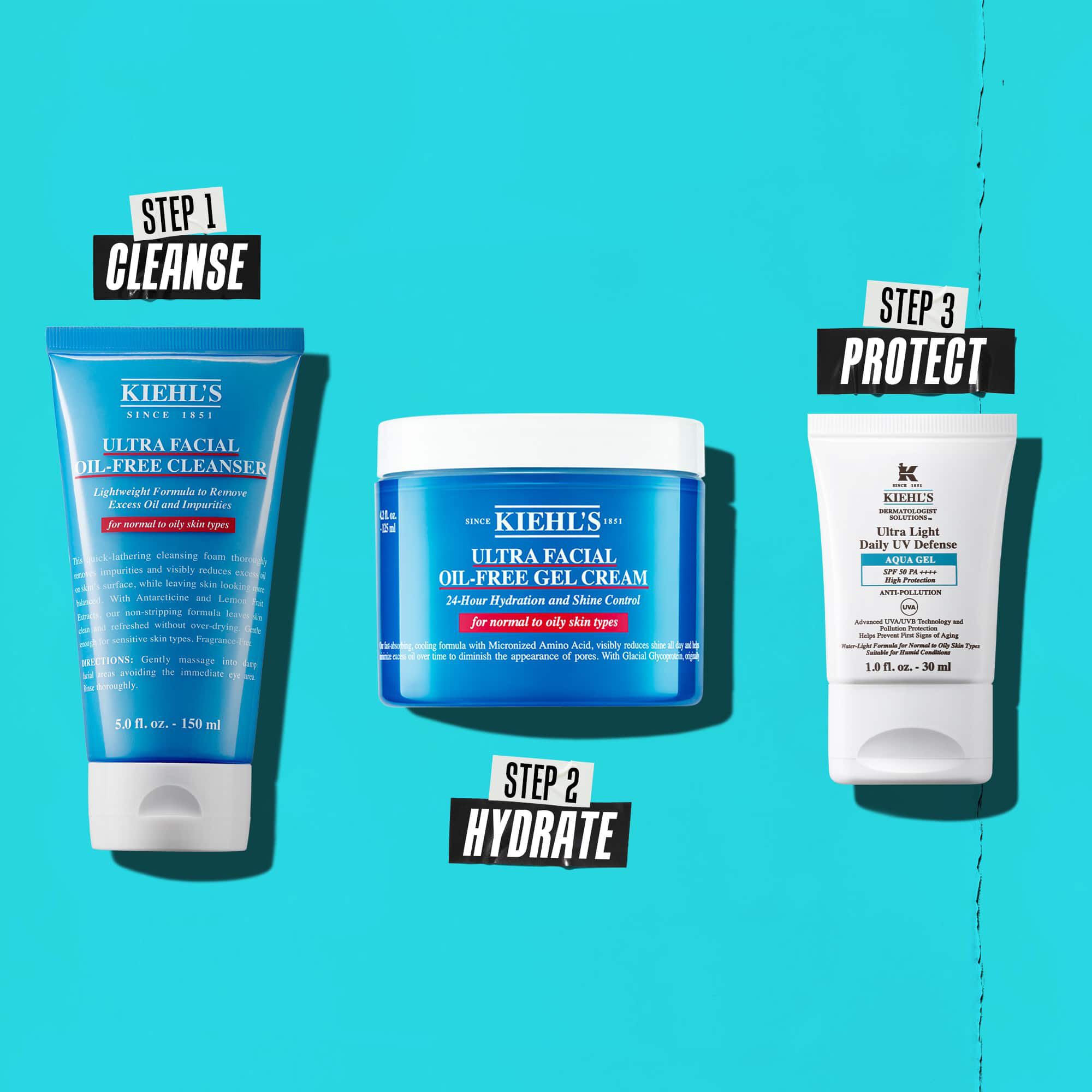 En tre-trinns rutine med Kiehl's produkter. Trinn 1: Ultra Facial Oil-Free Cleanser. Trinn 2: Ultra Facial Oil-Free Gel Cream. Trinn 3: Ultra Light Daily UV Defense Aqua Gel.