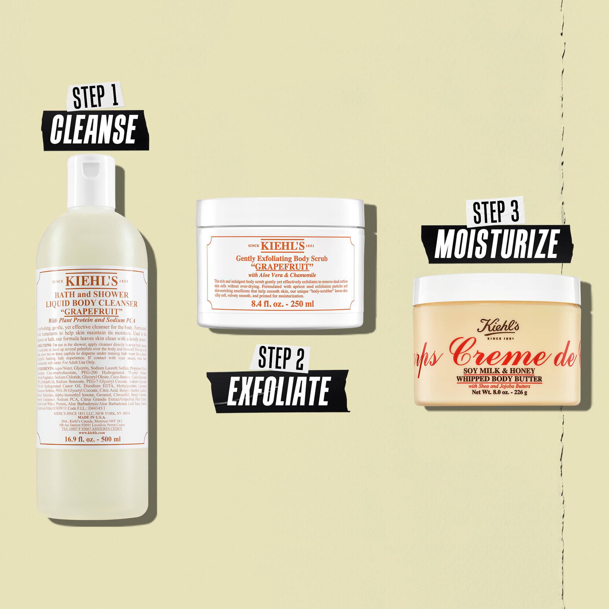 Illustrasjon av rutine med Creme de Corps Whipped Butter bodybutter – Rens, Eksfolier, Fukt