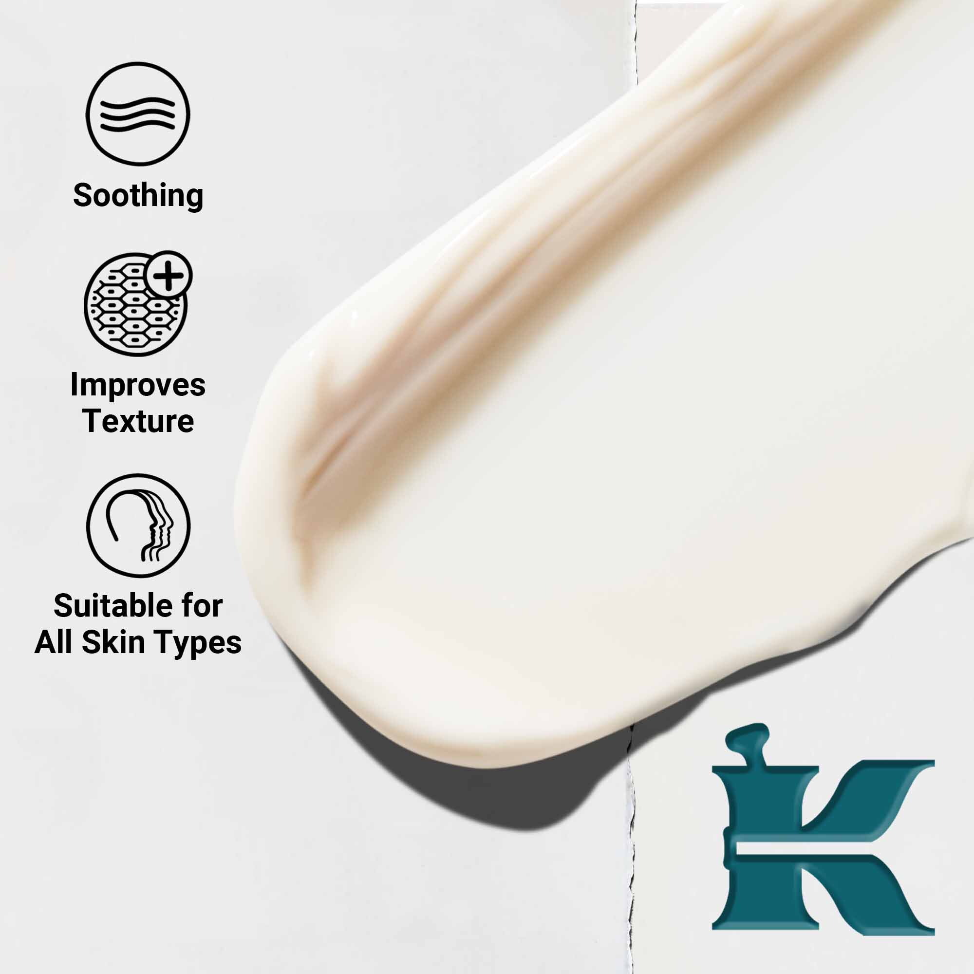 Naerbilde av Kiehl's Close Shavers Squadron Smooth Glider Precision Shave Lotion-tekstur. Tekst fremhever dens glattende og teksturforbedrende egenskaper, som passer for alle hudtyper.