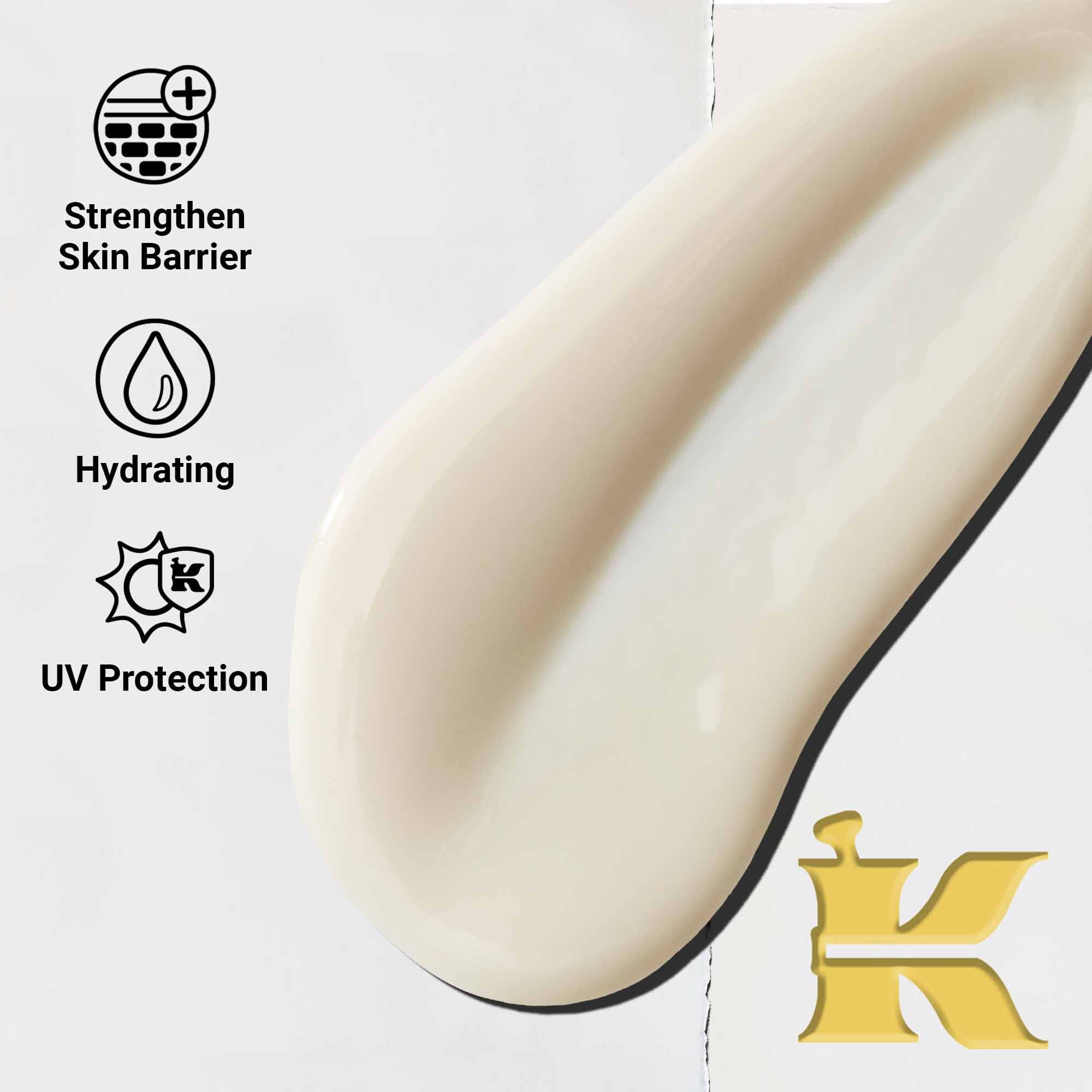 Naerbilde av Ultra-Light Daily UV Defense-tekstur. Tekst fremhever dens lette, fuktighetsgivende og bredspektrede UV-beskyttelse.