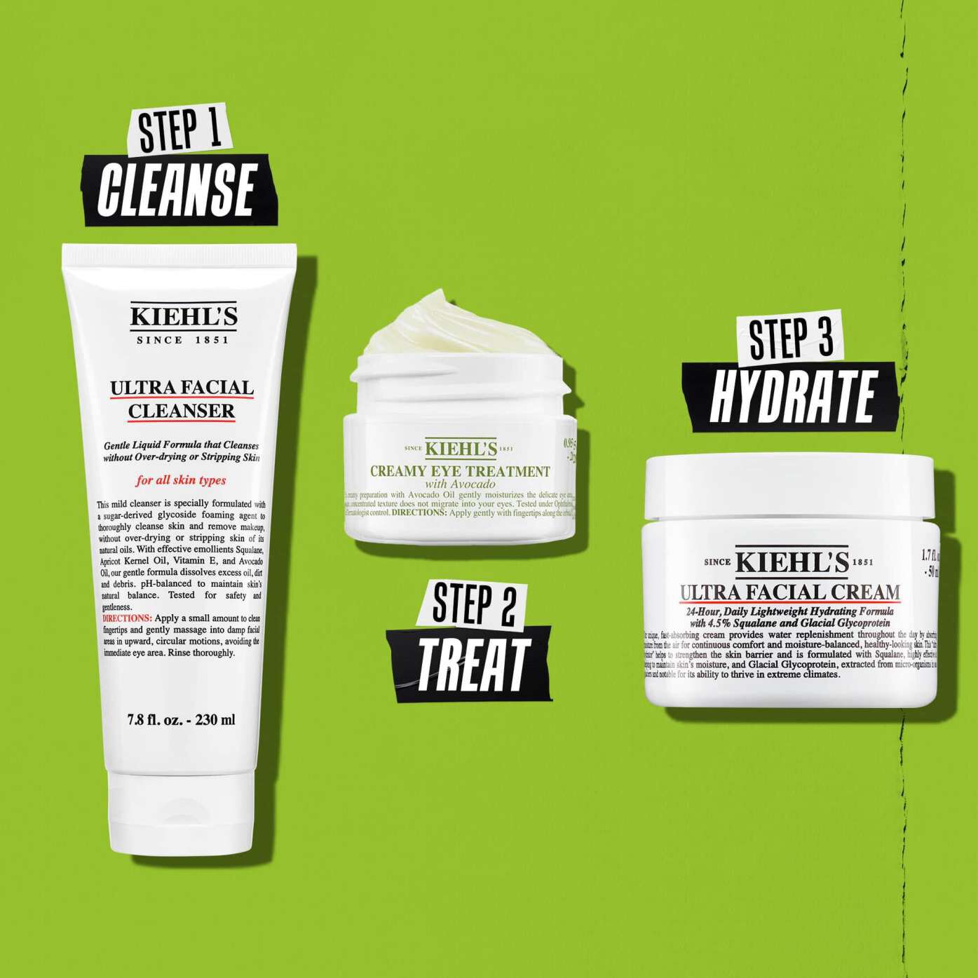 Rutine med Kiehl's Creamy Eye Treatment with Avocado – Trinn 1 Rens, Trinn 2 Behandle, Trinn 3 Fukt