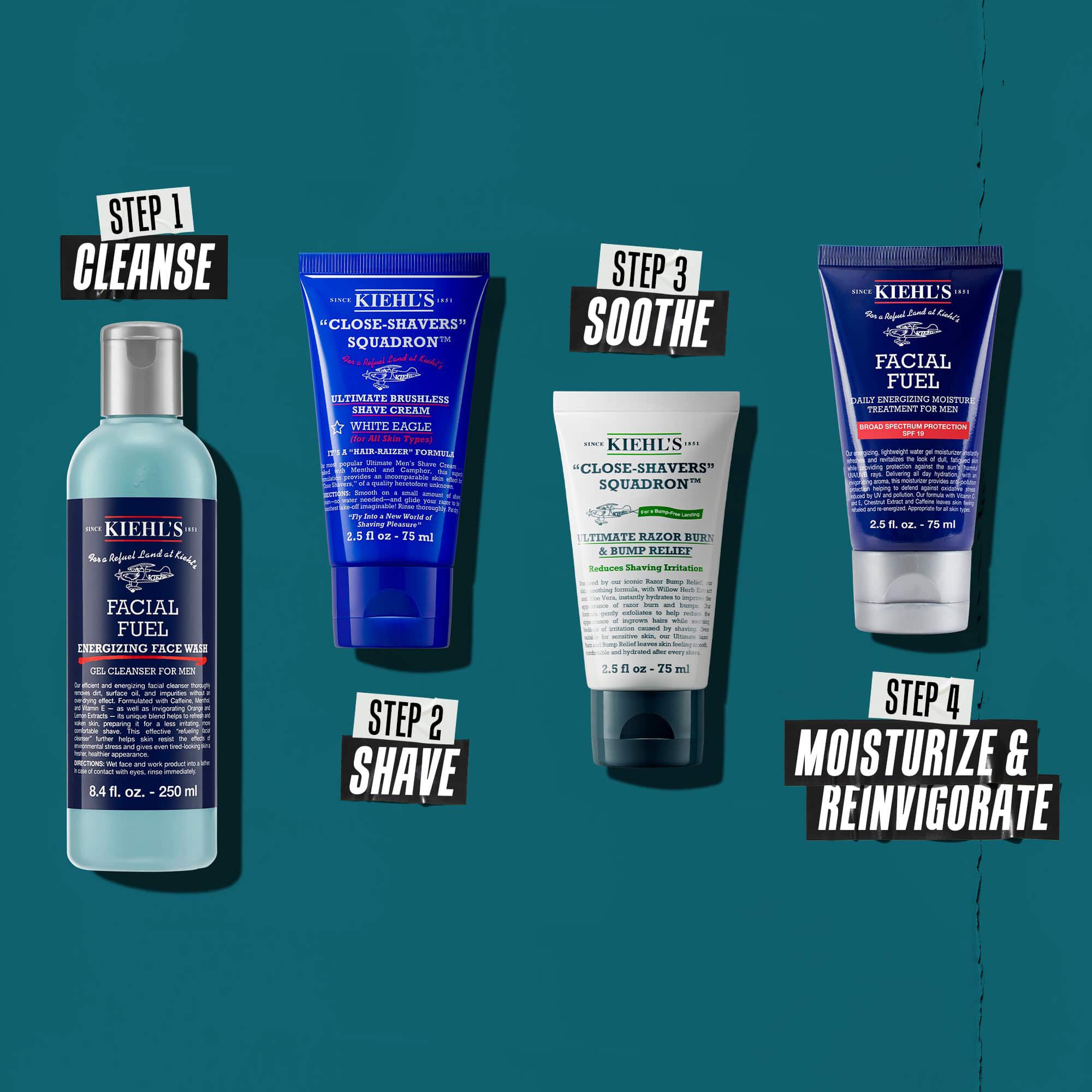 Fire Kiehl’s-produkter for en hudpleierutine for menn: Rens, Barbering, Lindring og Fukt/Oppfriskning