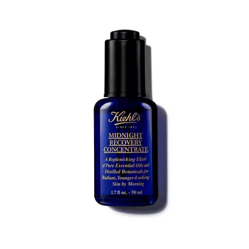 En 30 ml flaske med Kiehl's Midnight Recovery Concentrate ansiktsolje mot en hvit bakgrunn.