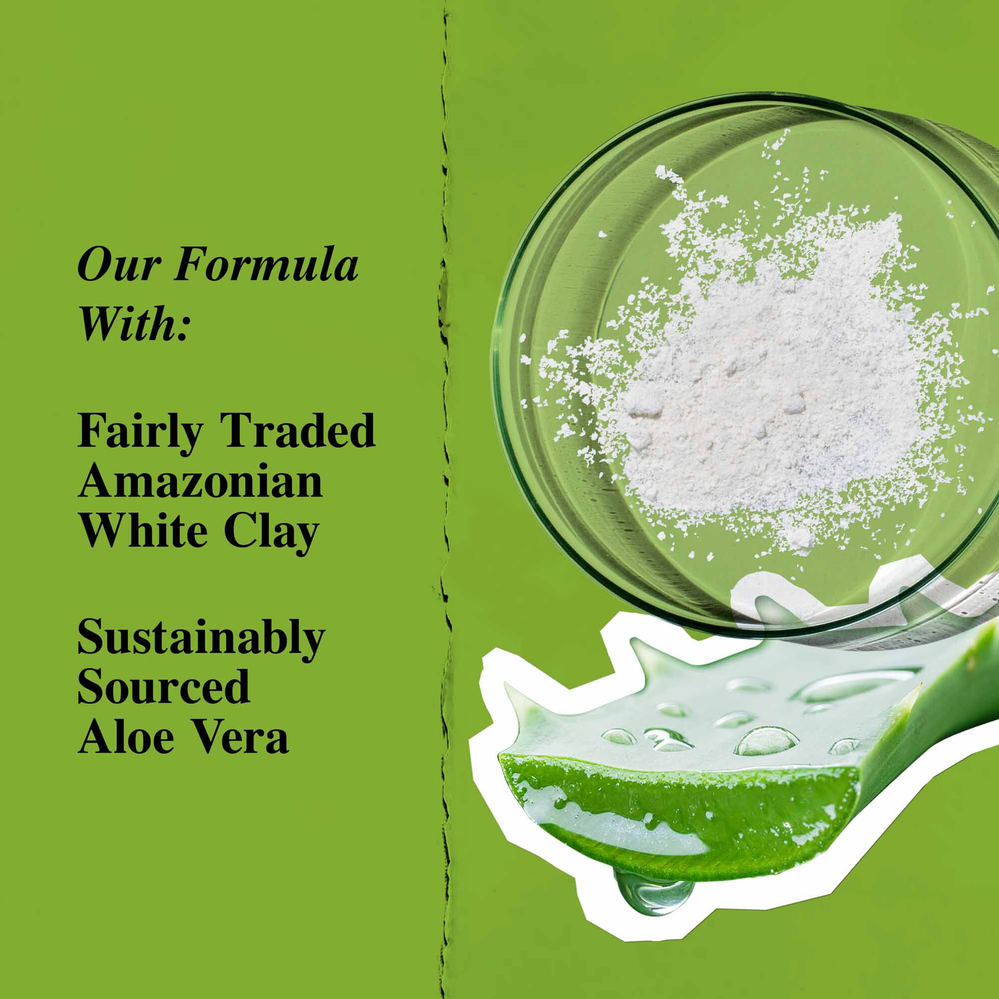 Grafikk over nøkkelingredienser: hvit leire og aloe vera.