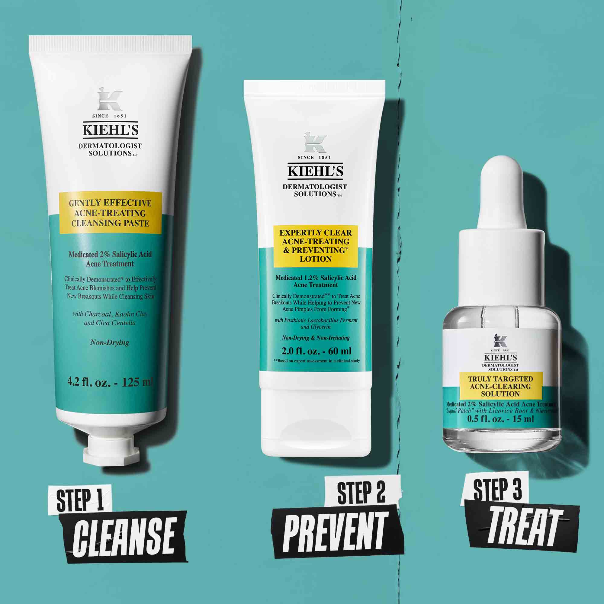 En tre-trinns rutine for fjerning av urenheter med Kiehl's-produkter. Trinn 1: Blemish-Treating Cleansing Paste. Trinn 2: Blemish-Treating & Preventing Lotion. Trinn 3: Truly-Targeted Blemish-Clearing Solution.