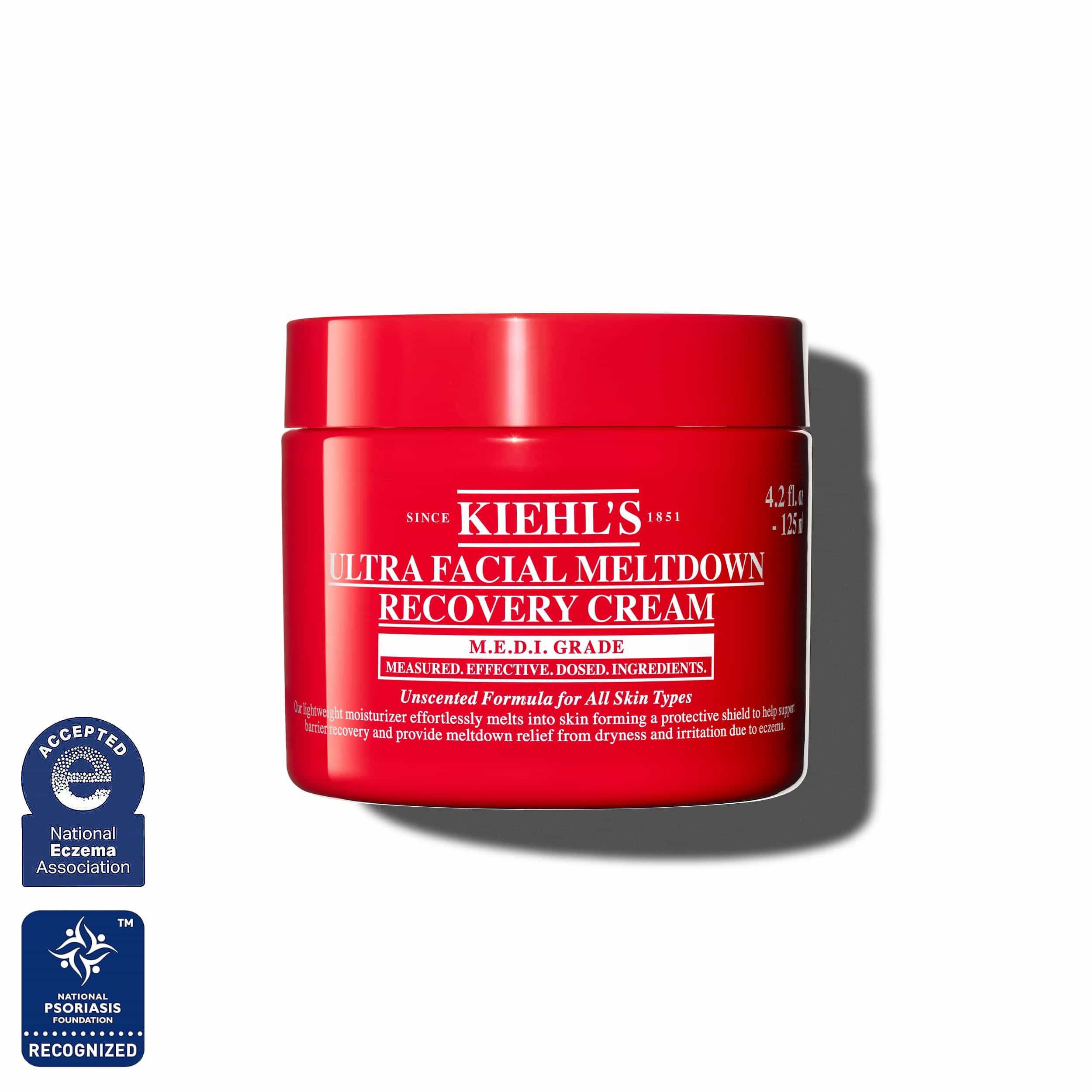 Rød krukke med Kiehl’s Ultra Facial Meltdown Recovery Cream Whip, 125 ml størrelse.