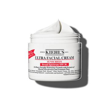 En 125 ml krukke med Kiehl's Ultra Facial Cream SPF 30 med pisket tekstur mot en hvit bakgrunn.