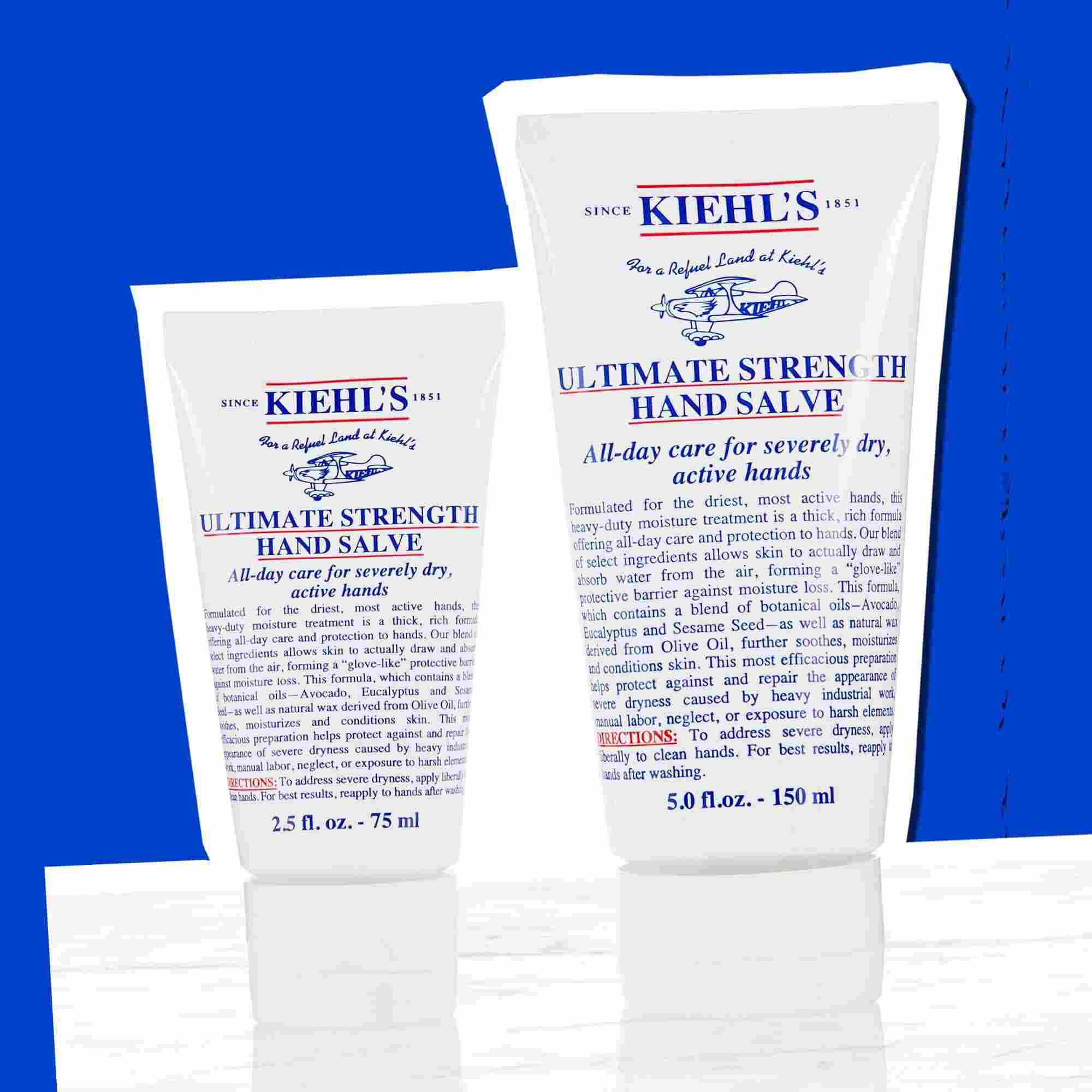 To tuber med Kiehl's Ultimate Strength Hand Salve som viser tilgjengelige størrelser