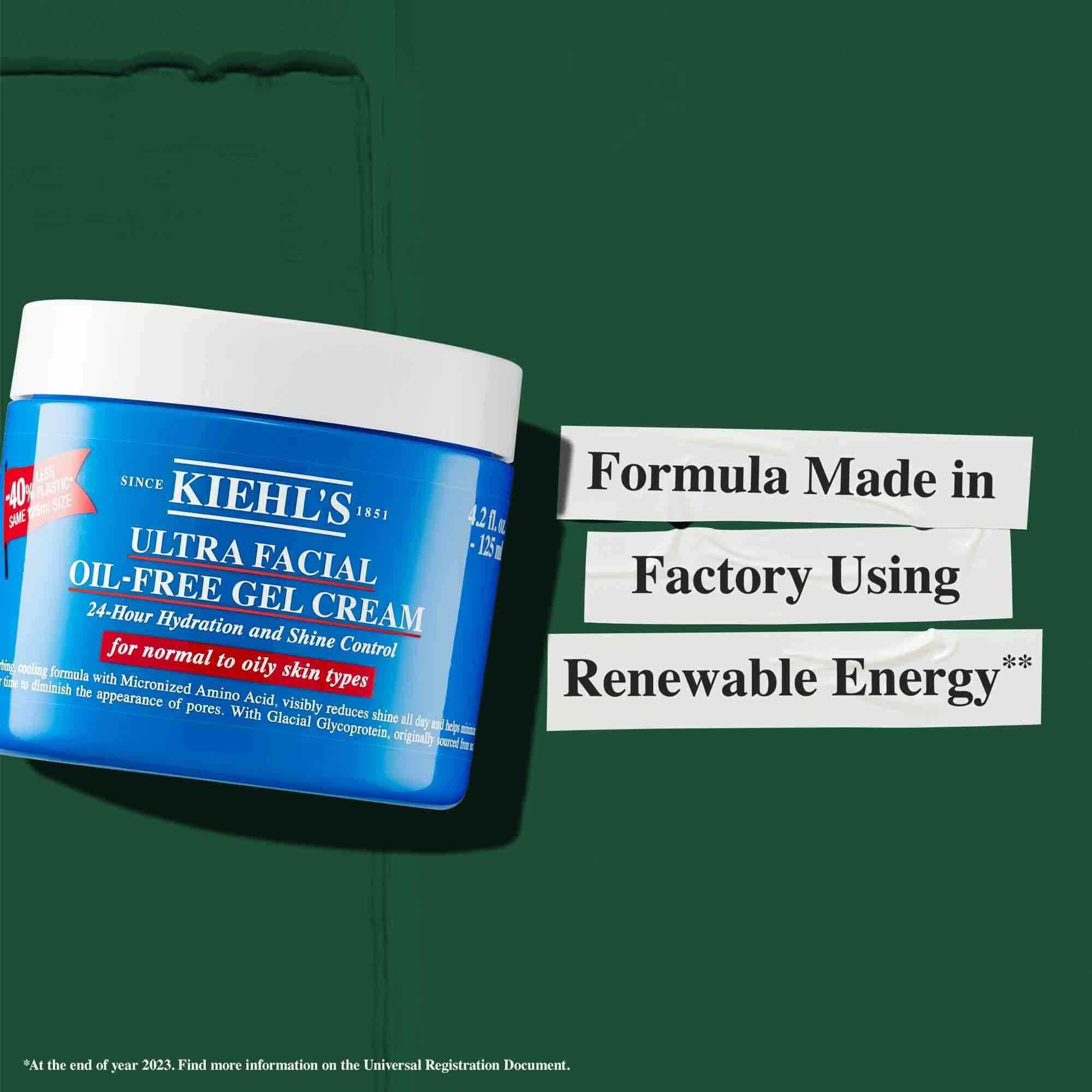 En krukke med Ultra Facial Oil-Free Gel Cream med teksten "Formel produsert på en fabrikk med fornybar energi."