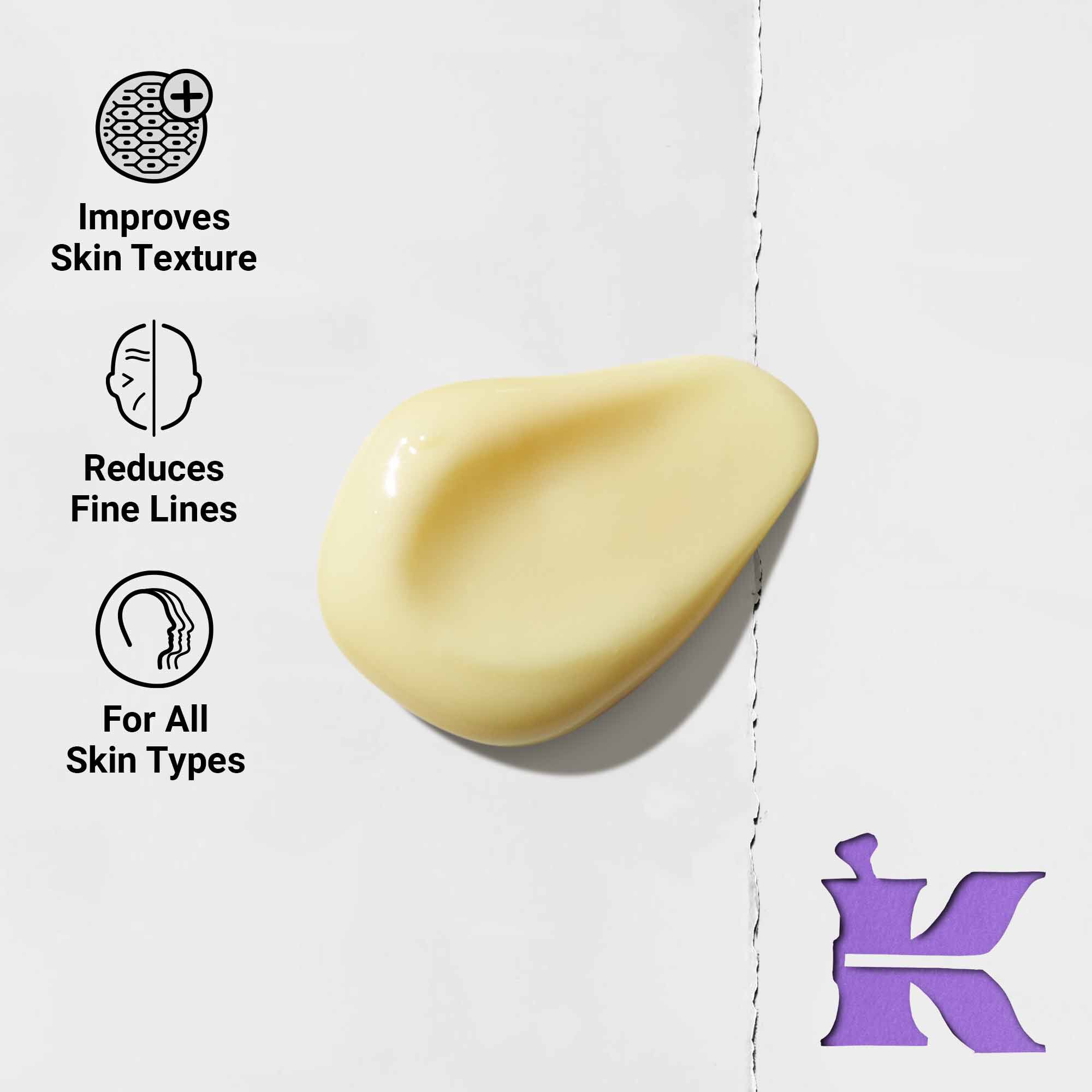 Bilde av tekstur med ikoner som viser at den reduserer fine linjer og passer for alle hudtyper