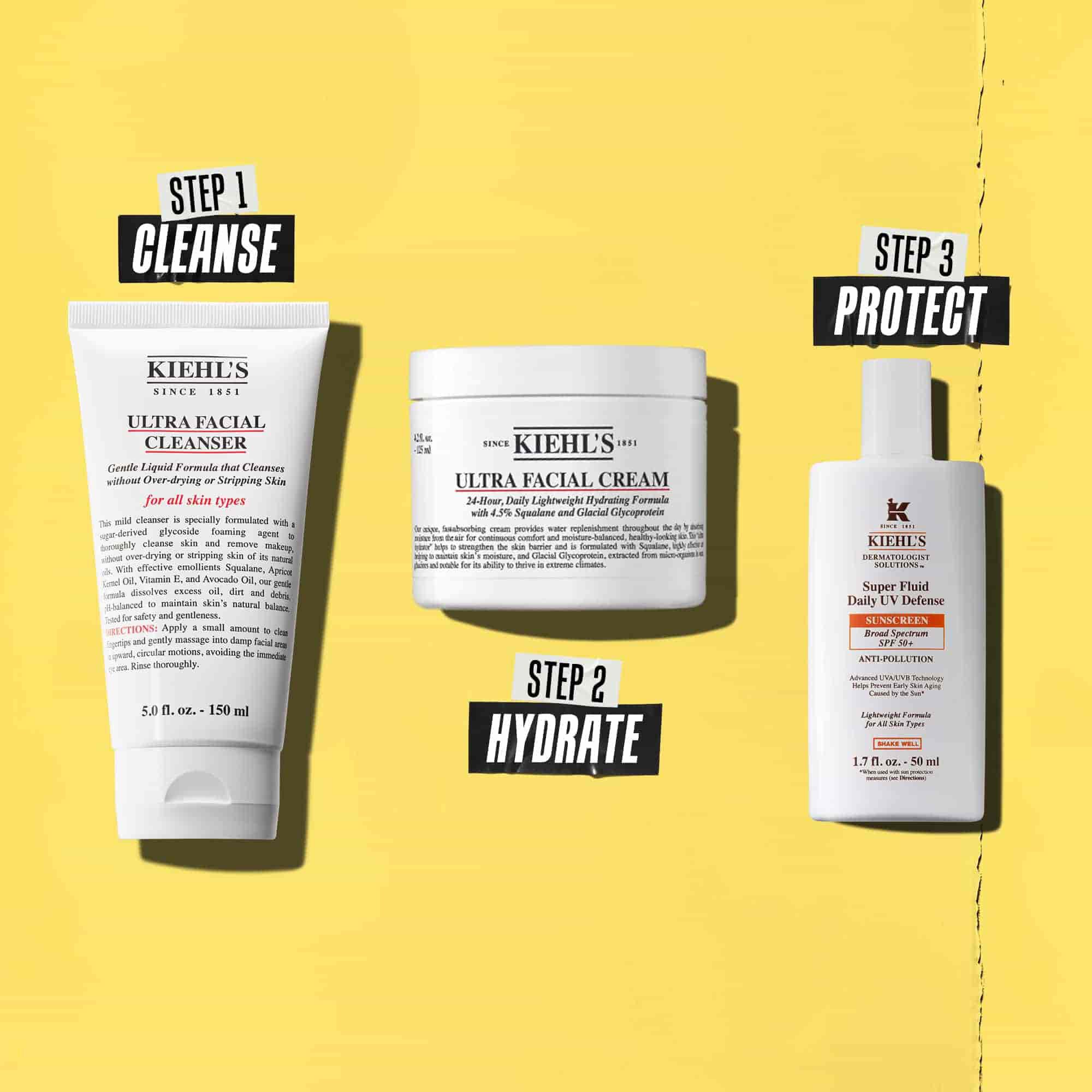 Tre Kiehl's-produkter som representerer en rutine. Fra venstre mot høyre: renseprodukt, fuktighetskrem og solkrem.