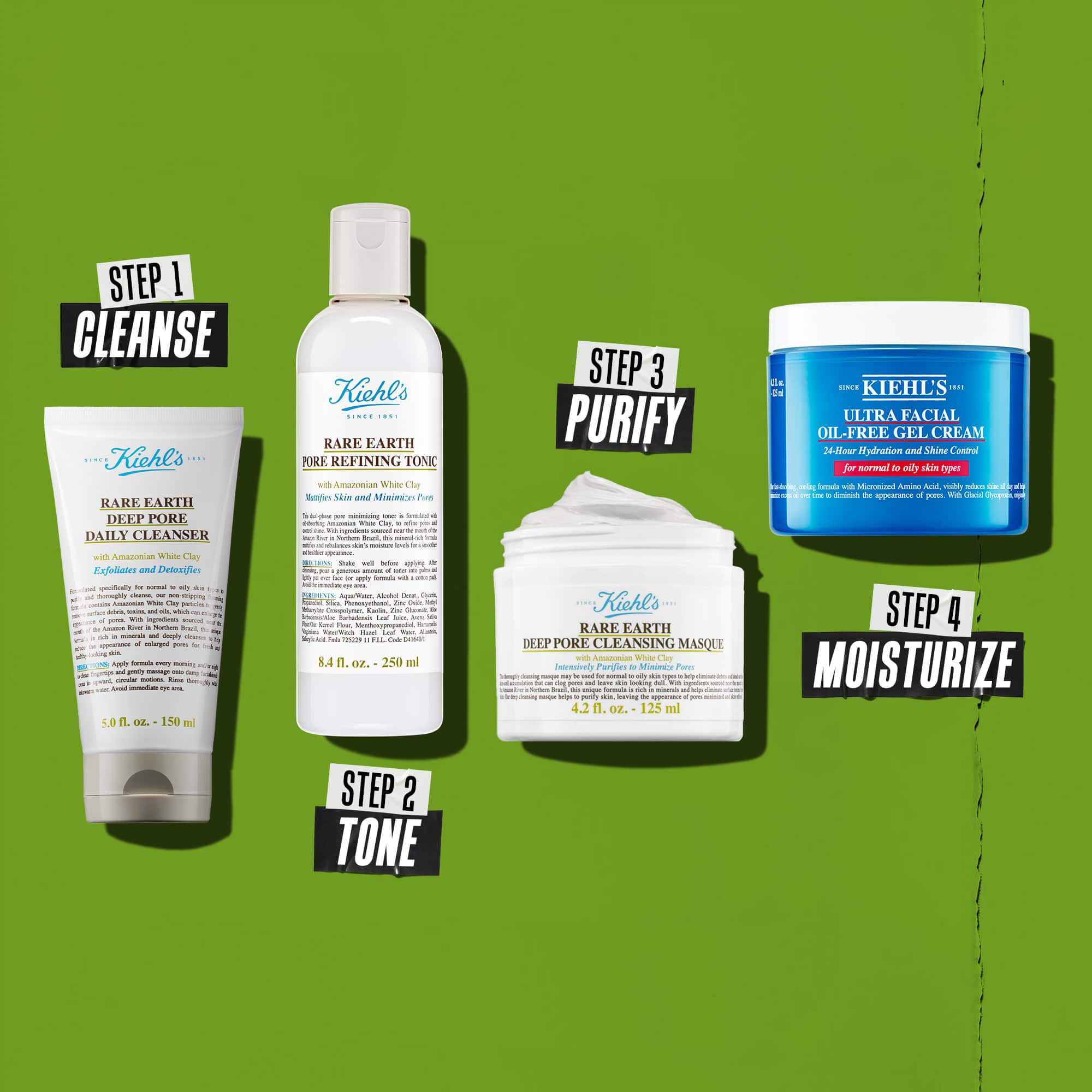 Fire Kiehl's-produkter som representerer en hudpleierutine. Fra venstre mot høyre: Rare Earth Deep Pore Cleanser, Rare Earth Pore Minimizing Lotion, Rare Earth Pore Cleansing Masque og Ultra Facial Oil-Free Gel Cream.