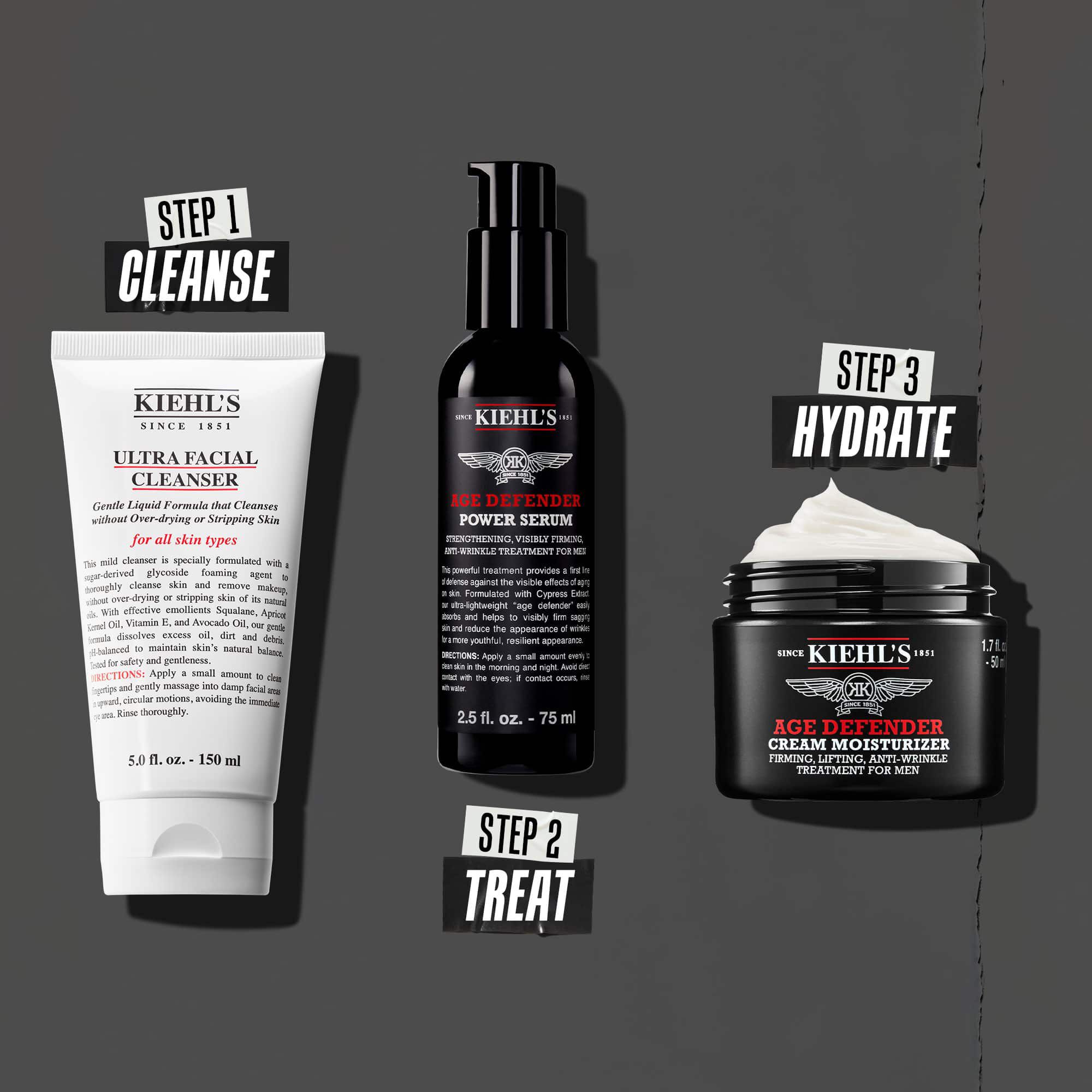 Tre-trinns Age Defender-rutine: Trinn 1: Behandle øyne. Trinn 2: Fuktighetsserum. Trinn 3: Gjenoppbyggende krem.