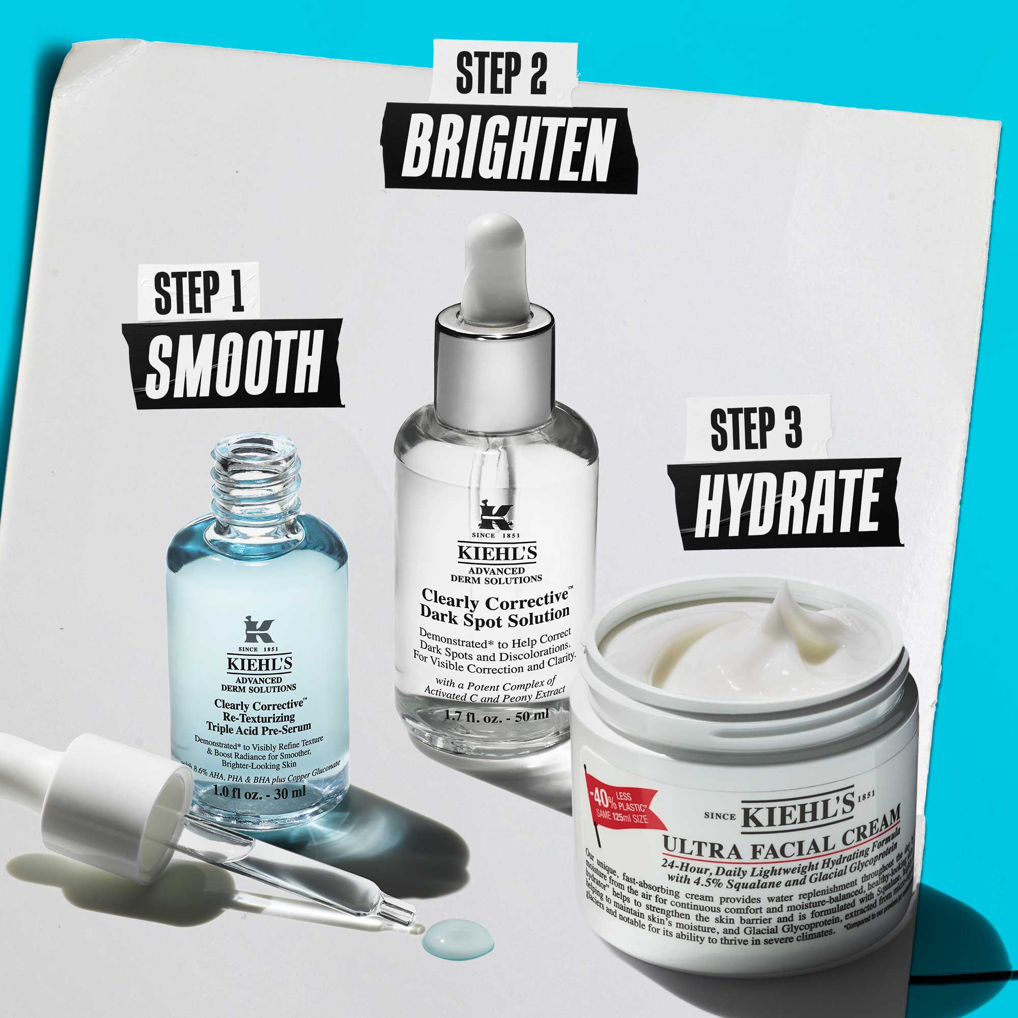 To Kiehl's-produkter på en hvit overflate med blå bakgrunn: Clearly Corrective Triple Acid Peel og Retinol Skin-Renewing Daily Micro-Dose Serum.