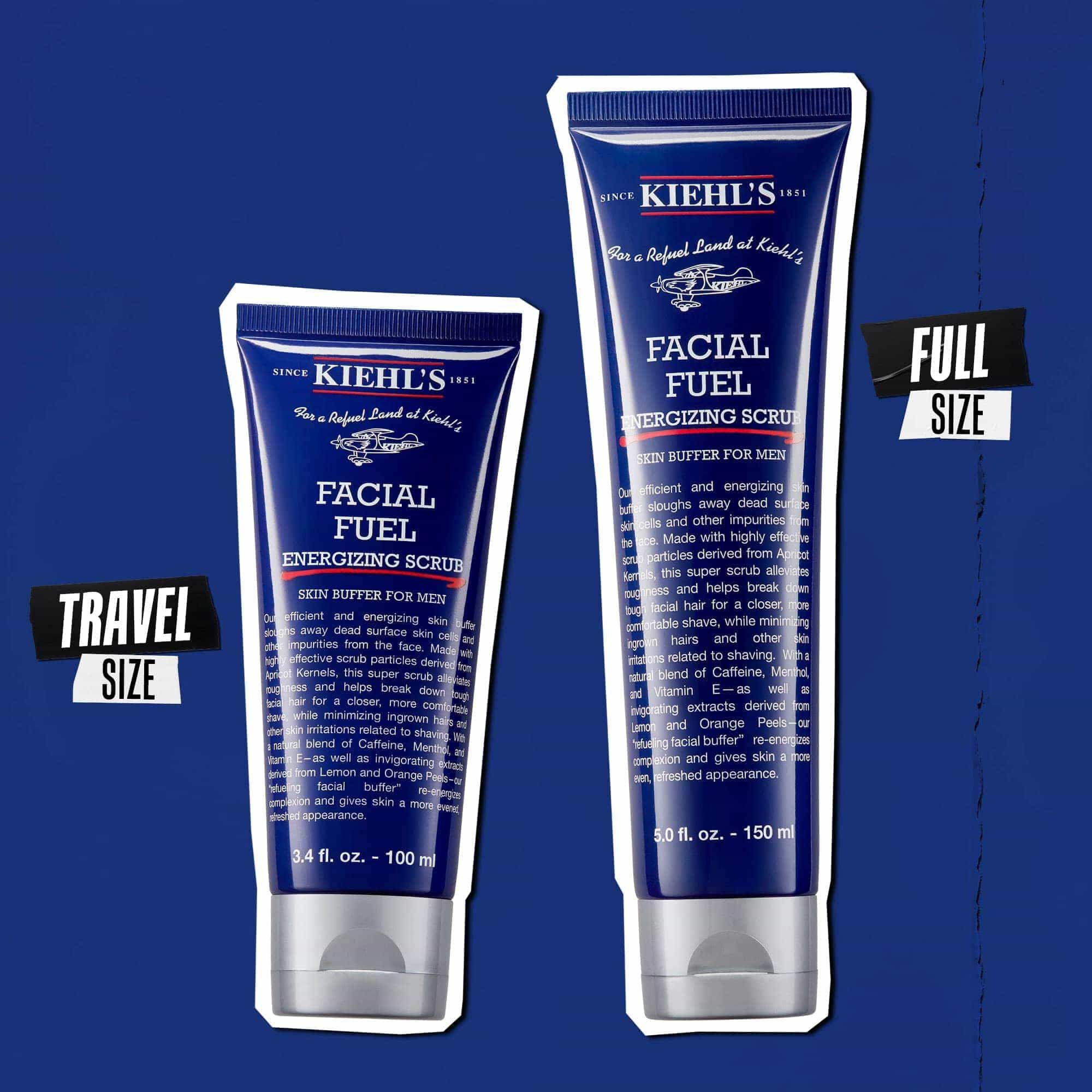 Reisestørrelse og fullstørrelse tuber med Facial Fuel Energizing Scrub.
