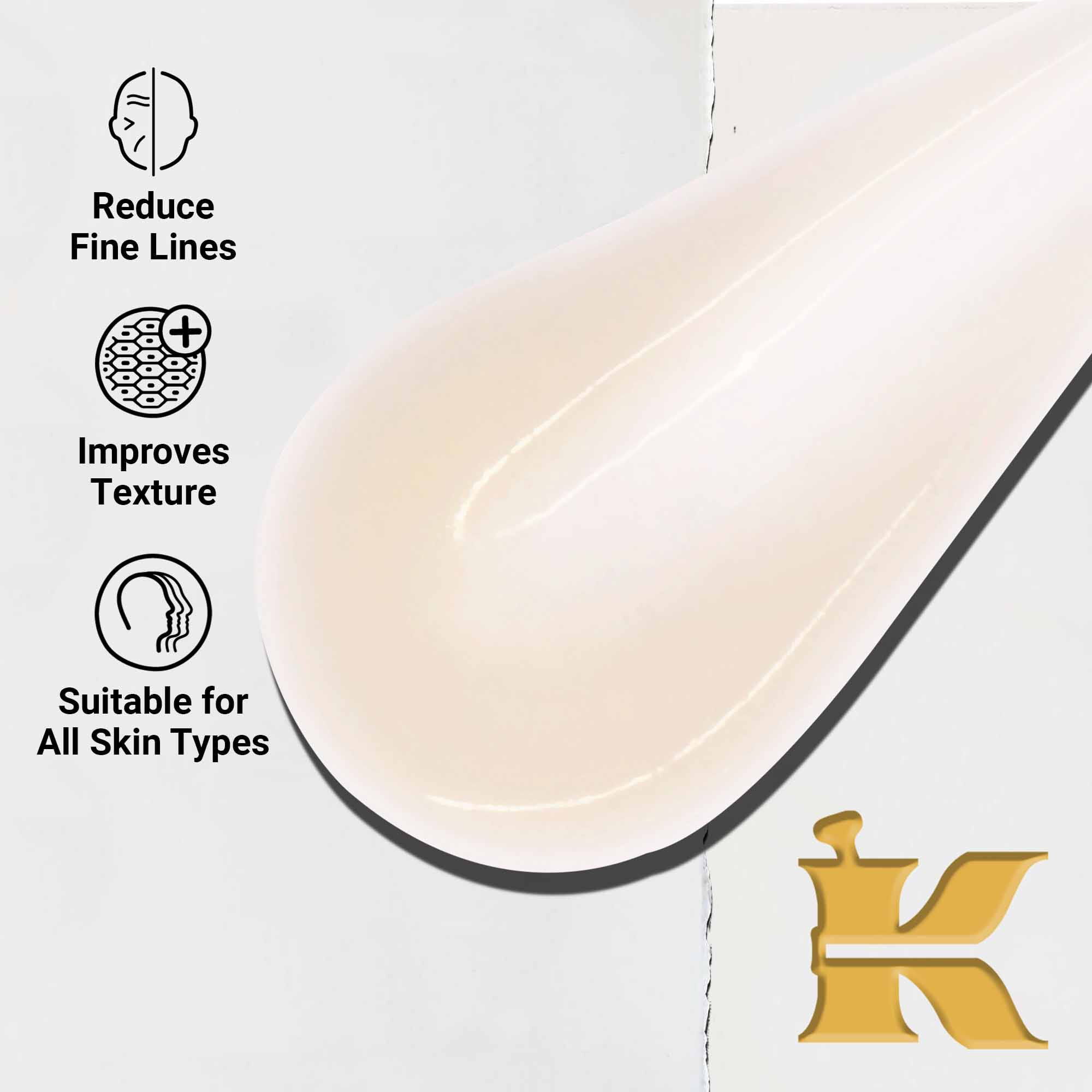 Naerbilde av Powerful-Strength Line-Reducing Concentrate-tekstur. Tekst fremhever dens evne til å redusere fine linjer, forbedre tekstur og at den passer for alle hudtyper.