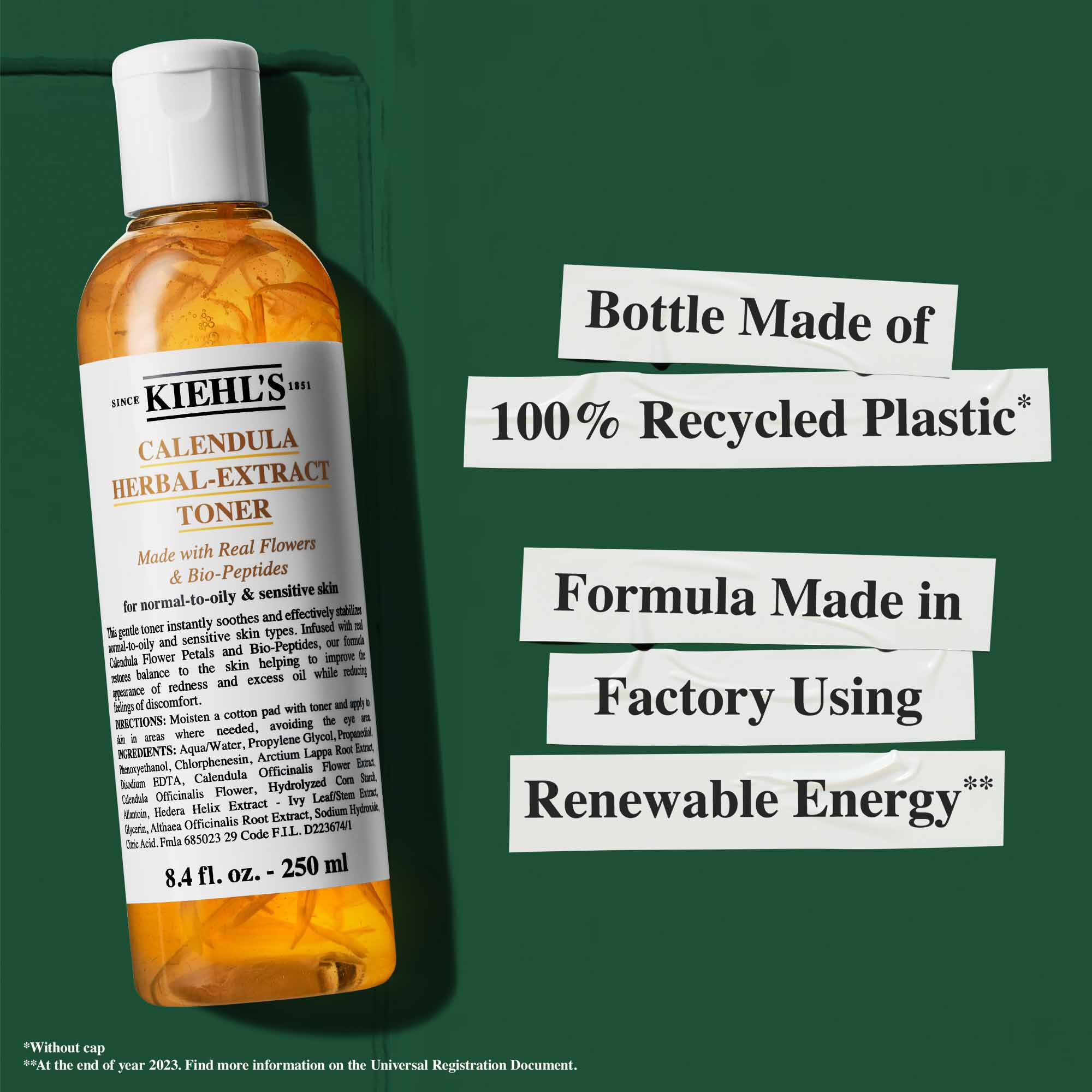 En flaske Calendula Herbal-Extract Toner med tekst som fremhever baerekraftfunksjoner: "Flaske laget av 100 % resirkulert plast" og "Formel laget i fabrikk ved bruk av fornybar energi."