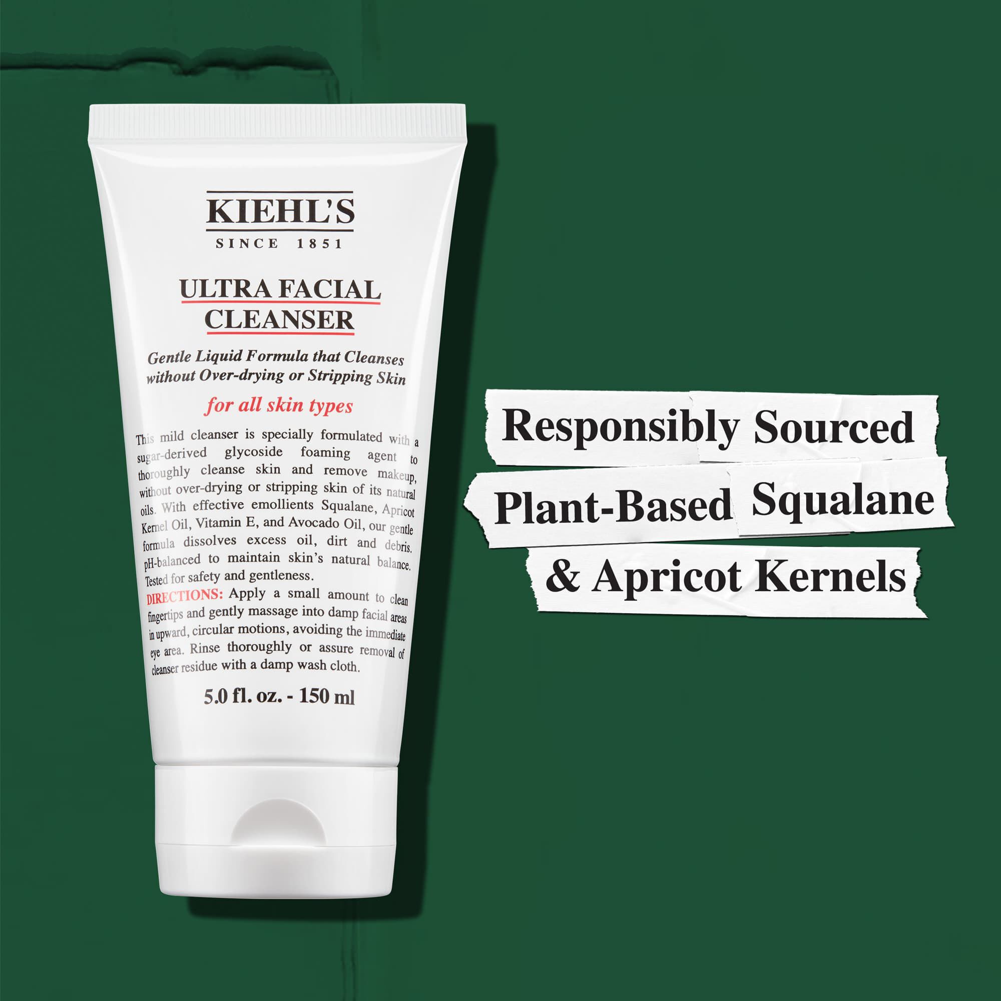 Kiehl's Ultra Facial Cleanser inneholder baerekraftig utvunnet plantebasert skvalan og aprikoskjerner
