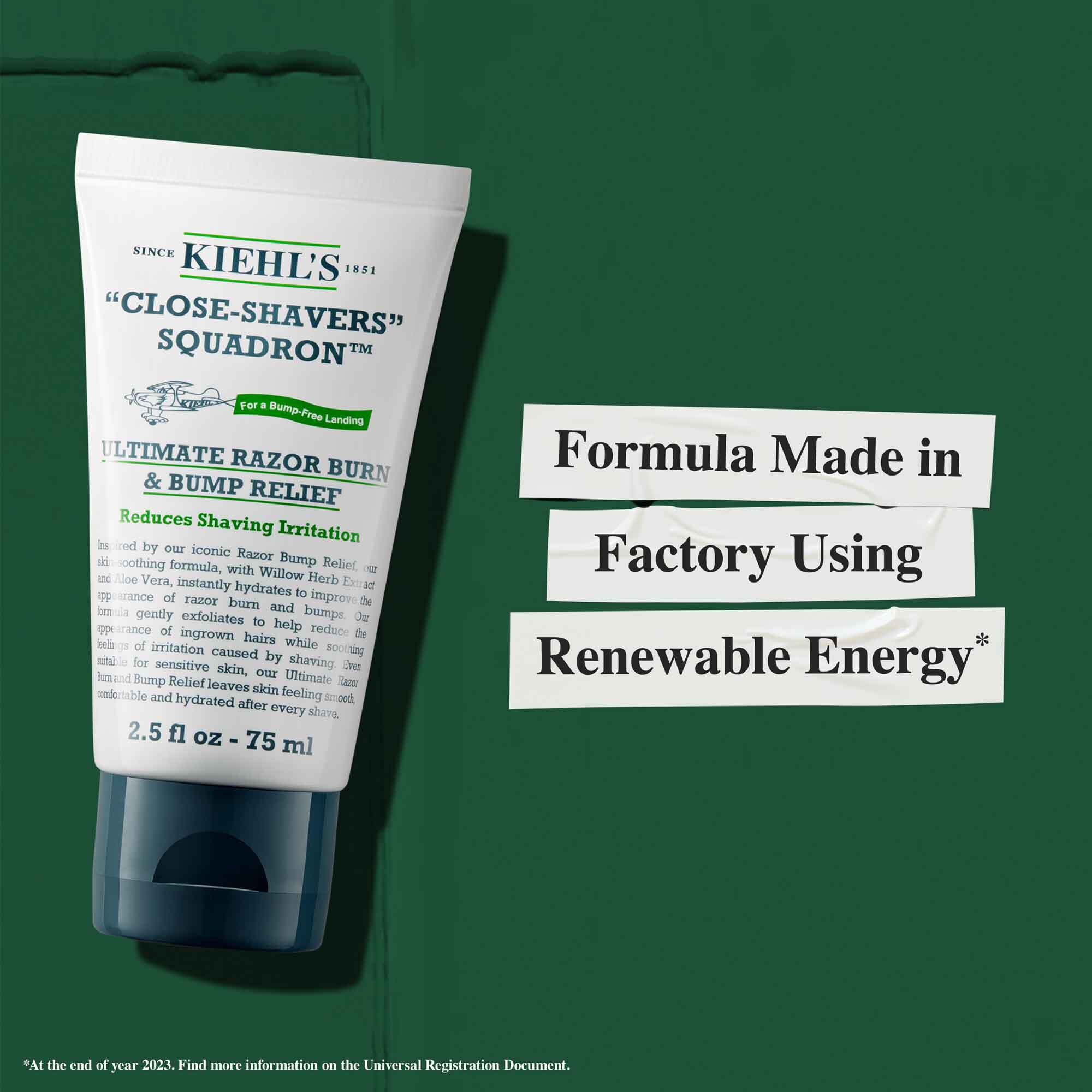 Tube med Close Shavers Squadron Smooth Glider Precision Shave Lotion med baerekraftsinformasjon: "Formel produsert på en fabrikk med fornybar energi."