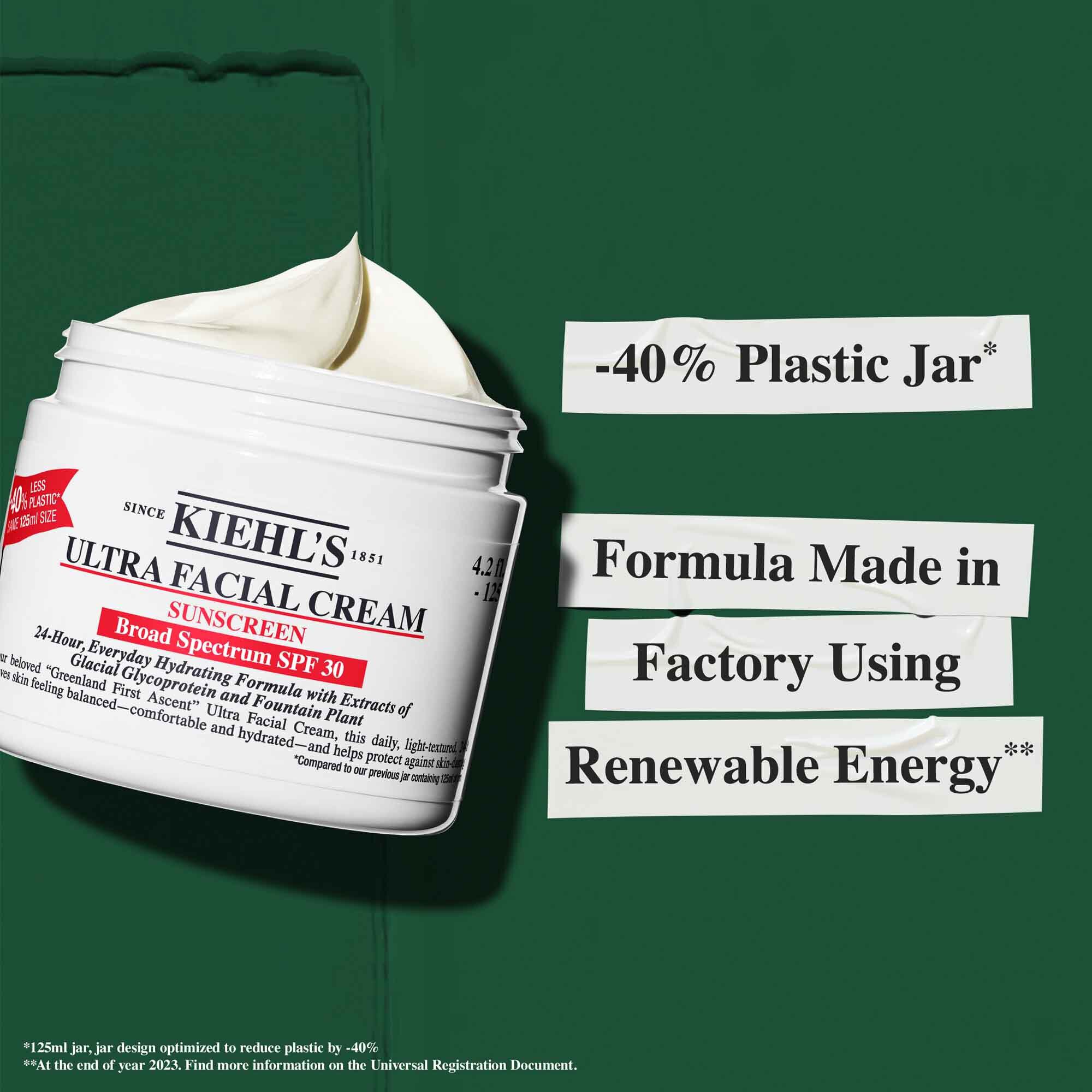 En krukke med Ultra Facial Cream SPF 30 med tekst som fremhever baerekraftspåstander: "-40 % plastkrukke" og "Formel produsert på en fabrikk med fornybar energi."