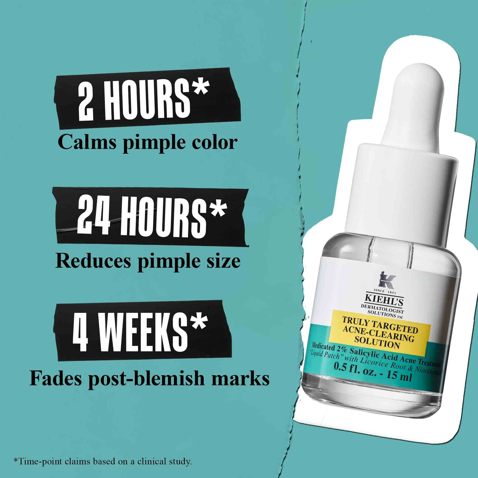 En flaske Truly-Targeted Blemish-Clearing Solution mot en grønn bakgrunn med teksten "2 timer* Roer ned kvisefarge", "24 timer* Reduserer kvisestørrelse" og "4 uker* Falmer merker etter urenheter".