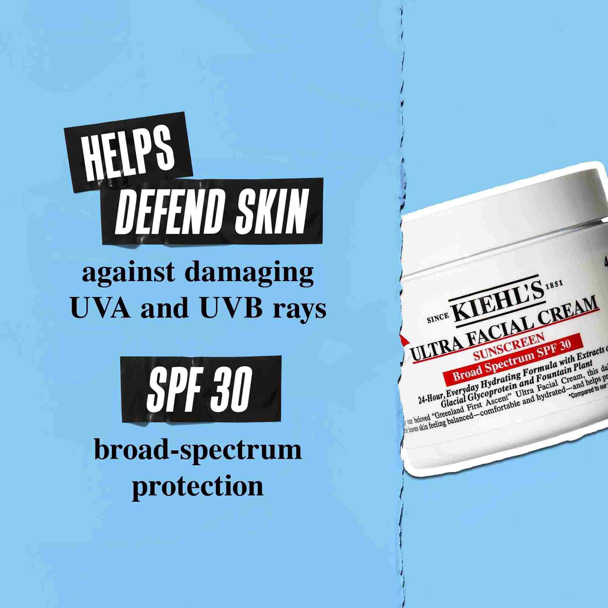 En krukke med Ultra Facial Cream SPF 30 mot en blå bakgrunn med teksten: "Bidrar til å forsvare huden mot skadelige UVA- og UVB-stråler. SPF 30 bredspektret beskyttelse."