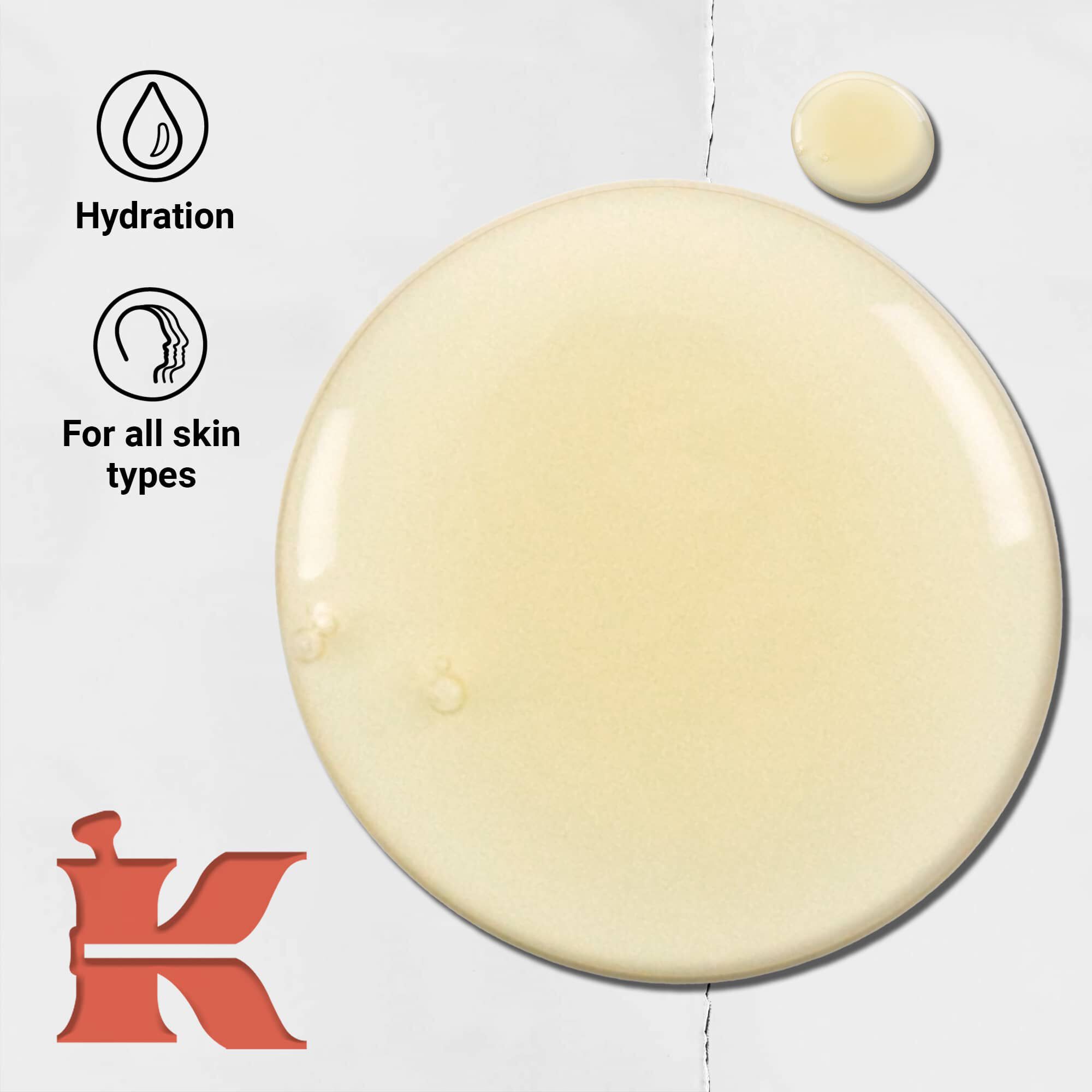 Bilde av Grapefruit Liquid Body Cleanser-tekstur med ikoner som viser fuktighet og passer for alle hudtyper