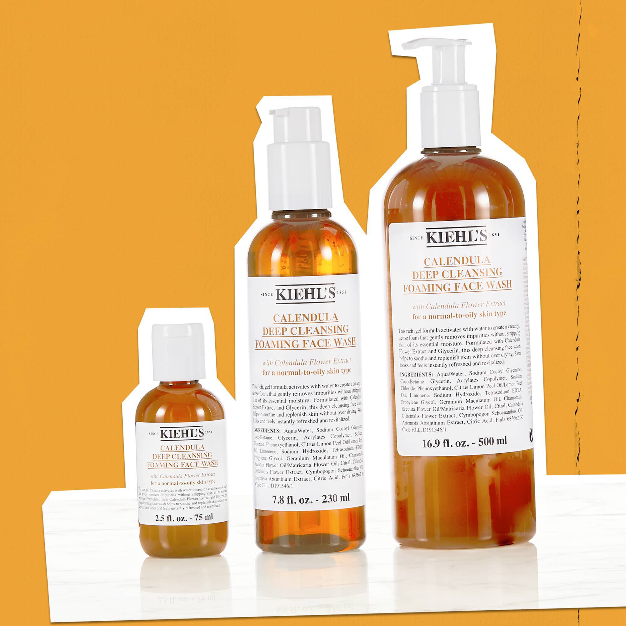 Tre flasker med Calendula Foaming Face Wash i størrelser fra 75 ml til 500 ml