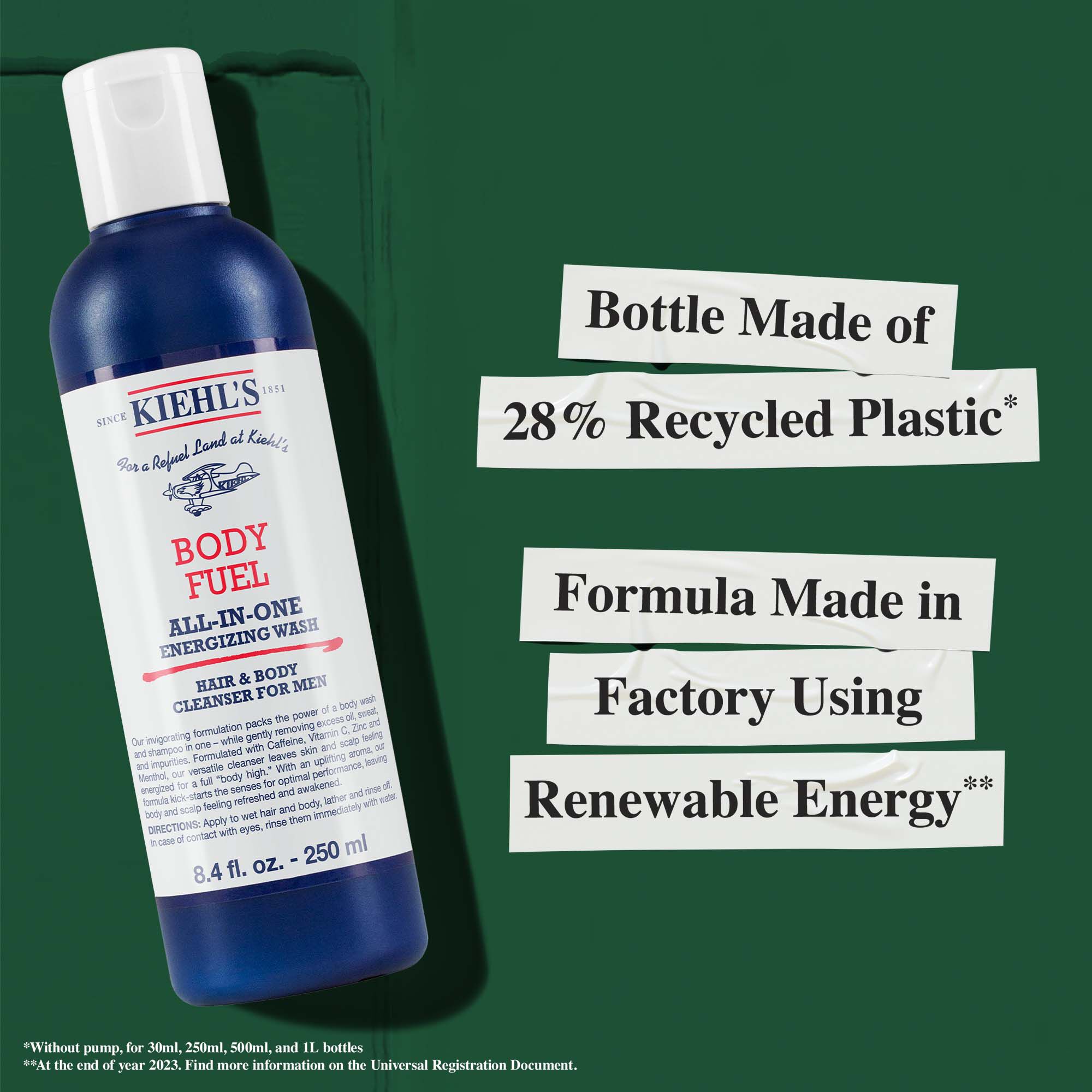 Body Fuel-flaske laget av 28 % resirkulert plast; formel produsert med fornybar energi.