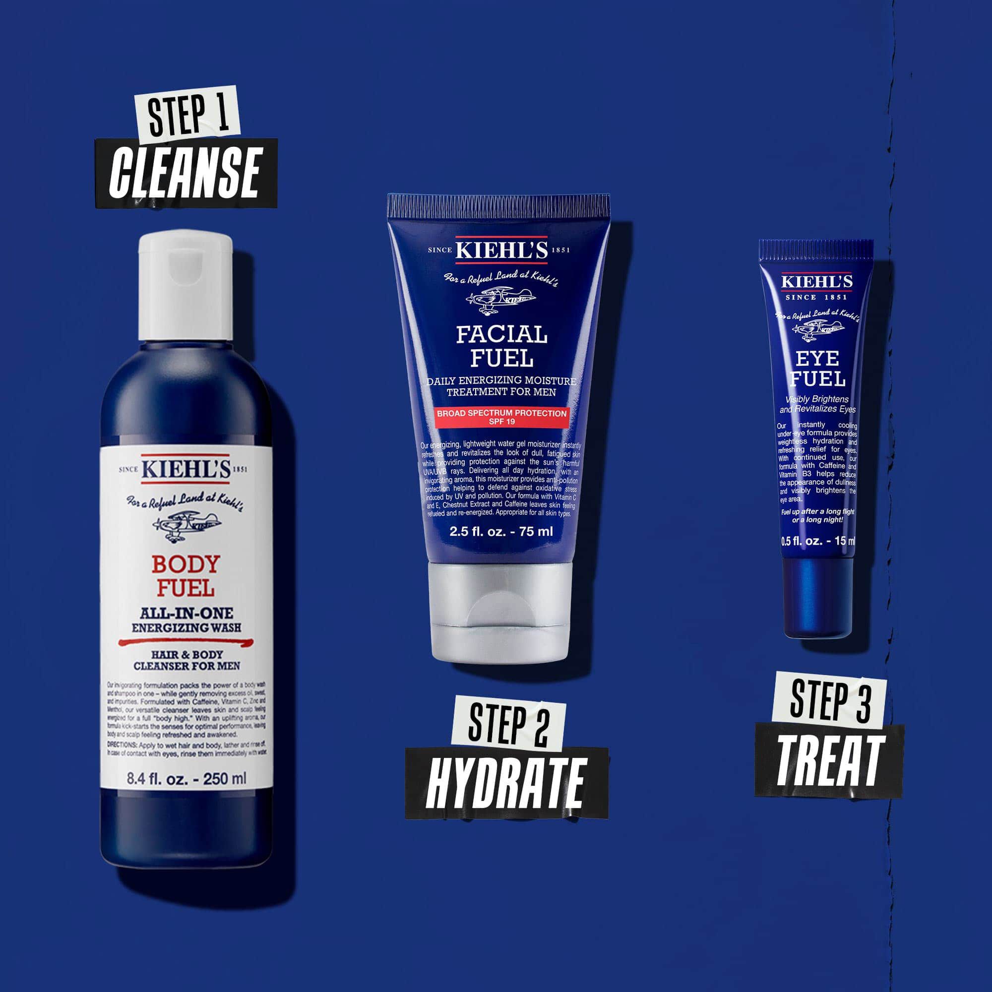 Tre-trinns Body Fuel-rutine: Trinn 1: Vask. Trinn 2: Fukt med Facial Fuel Treatment. Trinn 3: Facial Fuel Eye Fuel øyekrem.