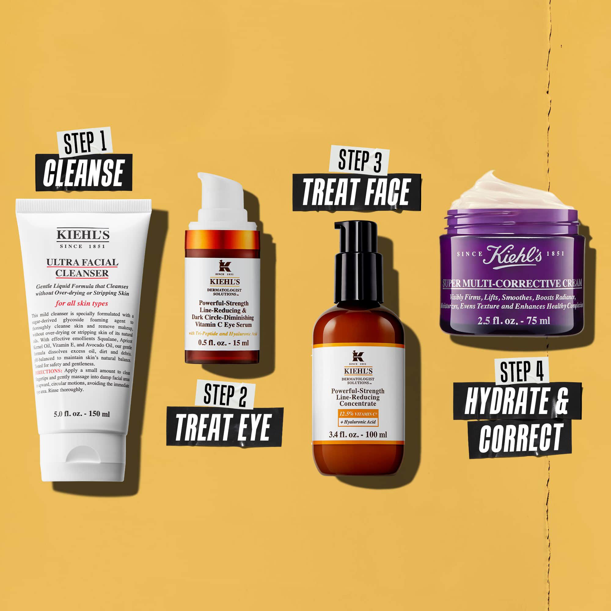 Fire Kiehl's-produkter som representerer en hudpleierutine. Fra venstre mot høyre: renseprodukt, øyekrem, Powerful-Strength Line-Reducing Concentrate og fuktighetskrem.