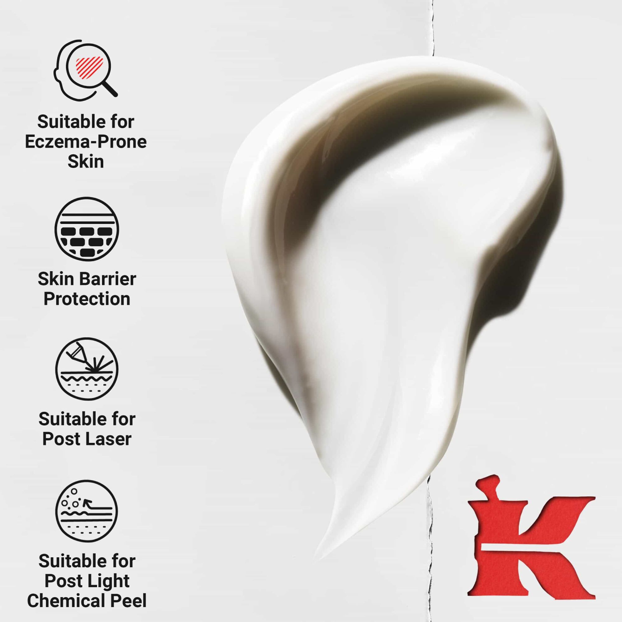 Dynamisk virvel av tykk krem; ikoner fremhever fordeler: egnet for hud med tendens til eksem, barrierebeskyttelse, etter laser og etter lett kjemisk peeling.