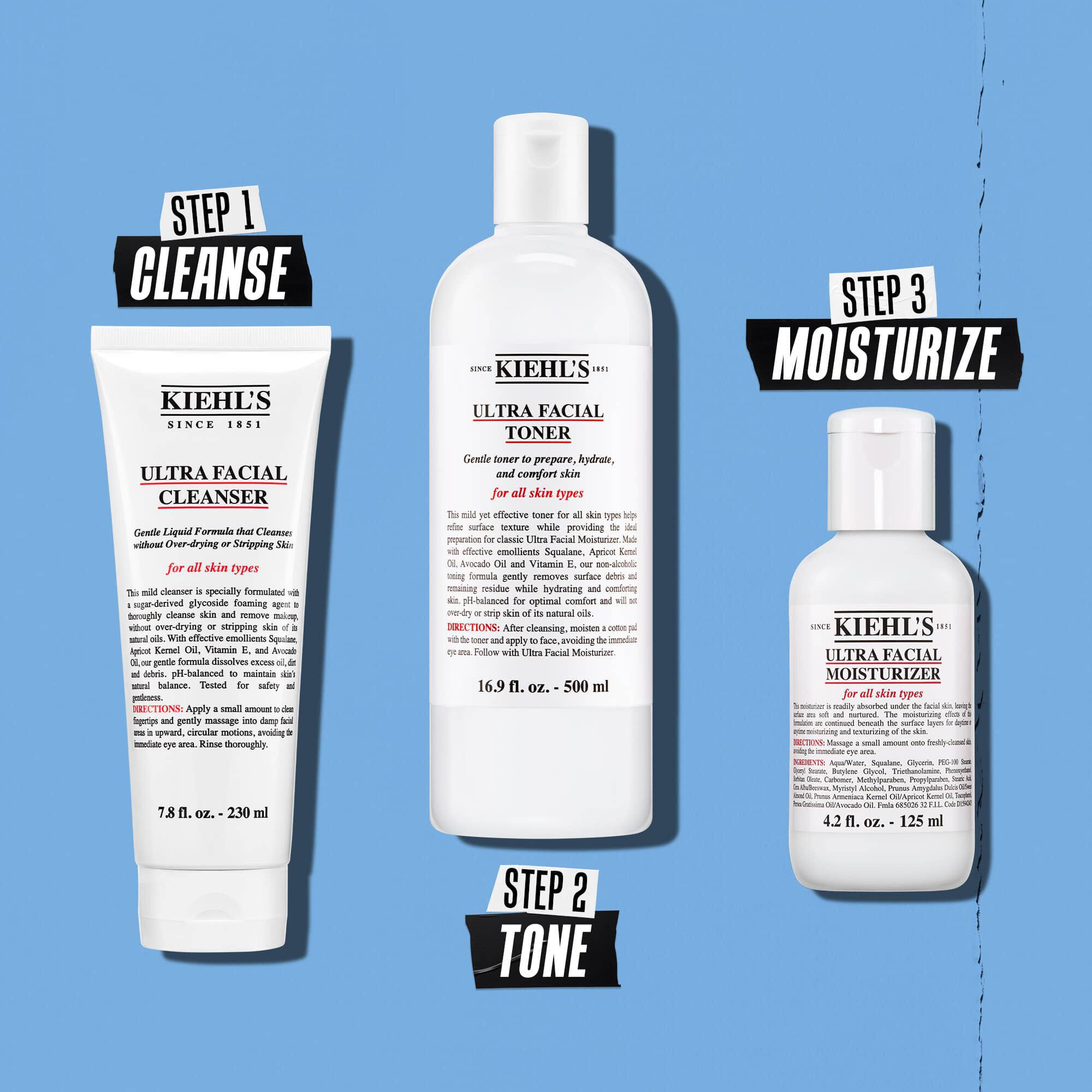 Illustrasjon af rutine med Kiehl's Ultra Facial Moisturizer – rens, tone, fuktighet