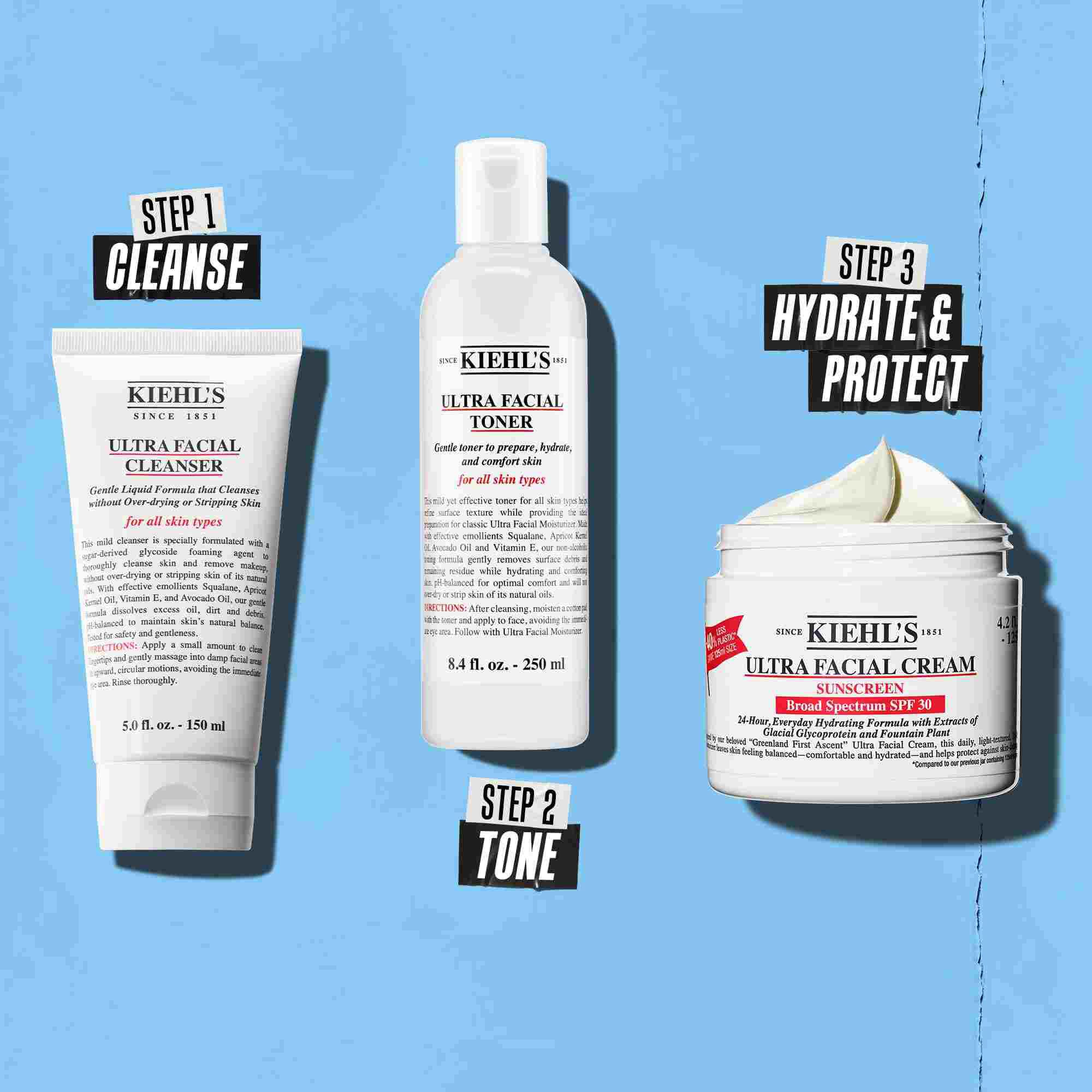 En tre-trinns rutine med Kiehl's produkter. Trinn 1: Ultra Facial Cleanser. Trinn 2: Ultra Facial Toner. Trinn 3: Ultra Facial Cream SPF 30.