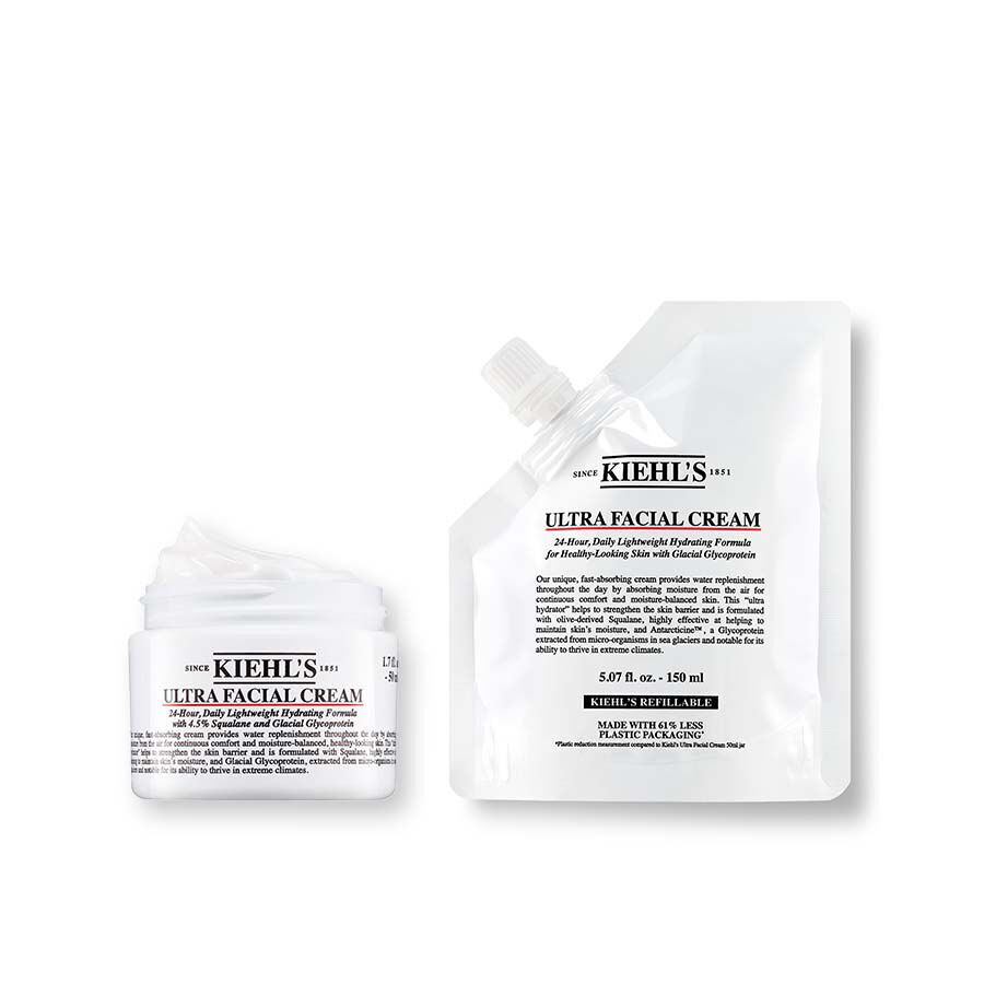 Åpen krukke med Kiehl's Ultra Facial Cream ved siden av en 150 ml refillpose.