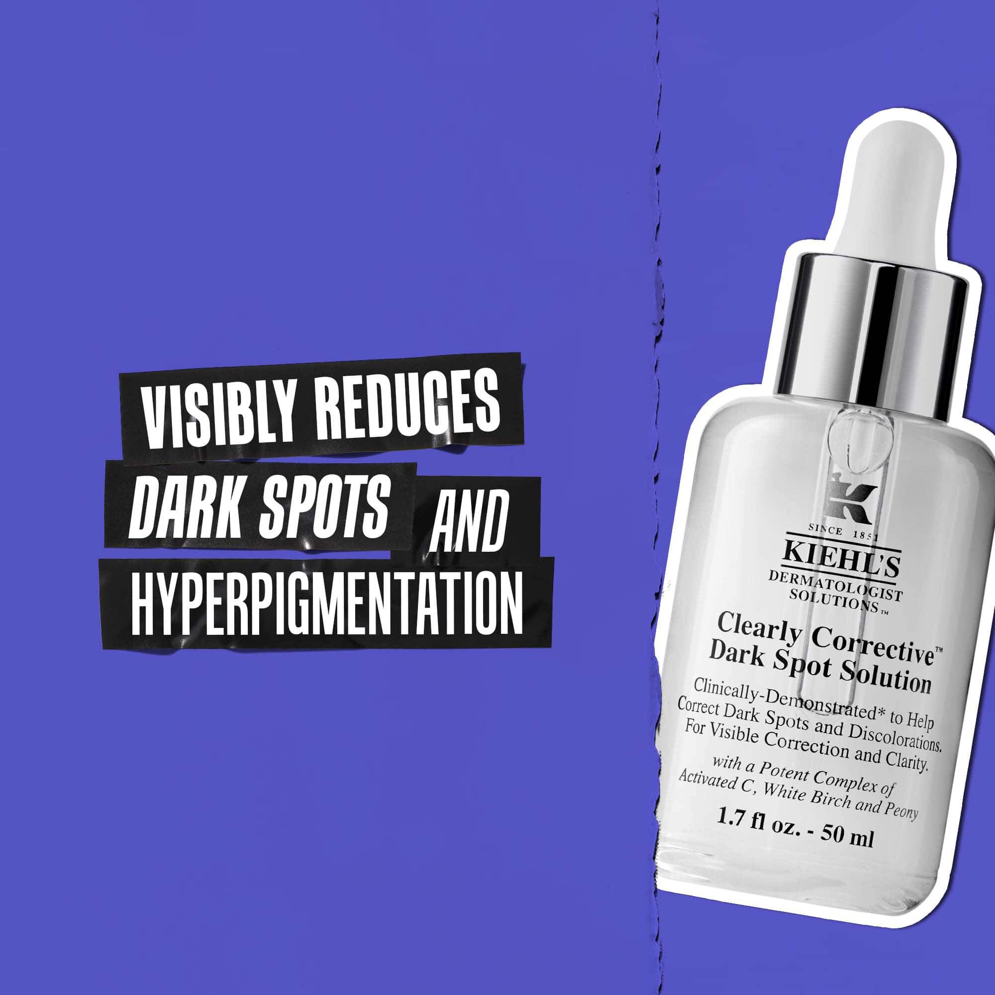 Flaske med Clearly Corrective Dark Spot Solution med tekst: Reduserer synlig mørke flekker og hyperpigmentering.