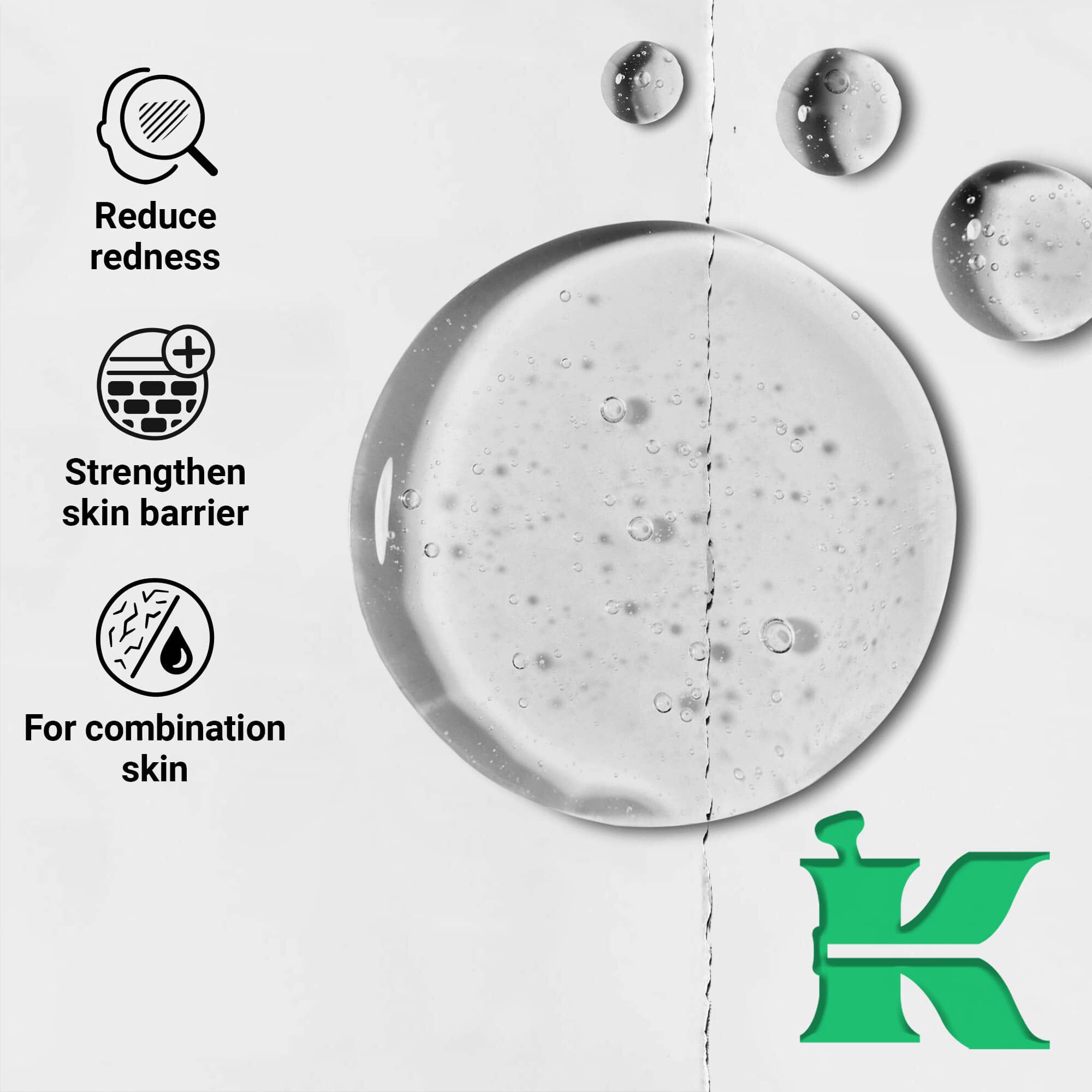 Bilde av tekstur med ikoner: reduserer rødhet, styrker hudbarrieren, for kombinasjonshud