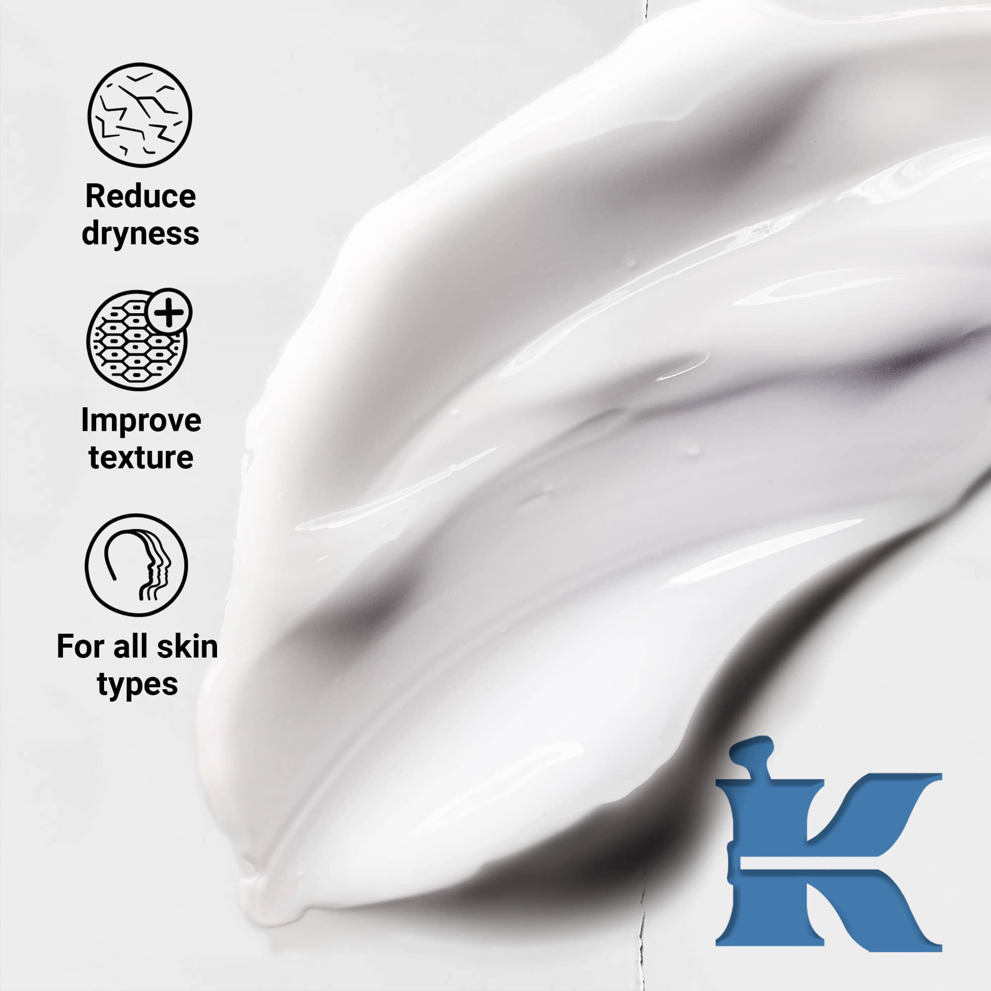 Bilde av produkttekstur som viser at det reduserer tørrhet, forbedrer tekstur og passer for alle hudtyper