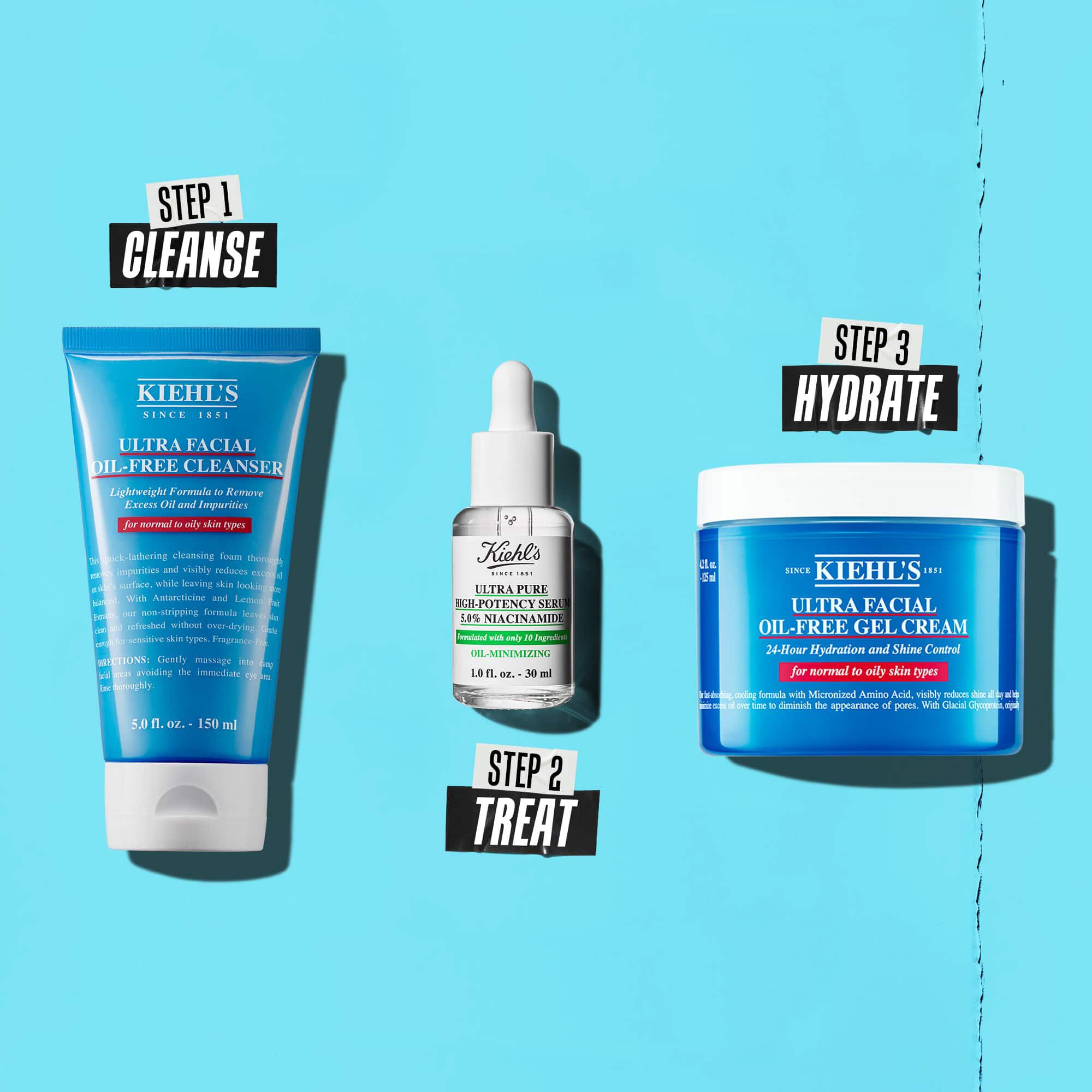 En tre-trinns rutine med Kiehl's produkter. Trinn 1: Ultra Facial Oil-Free Cleanser. Trinn 2: Niacinamide Serum. Trinn 3: Ultra Facial Oil-Free Gel Cream.