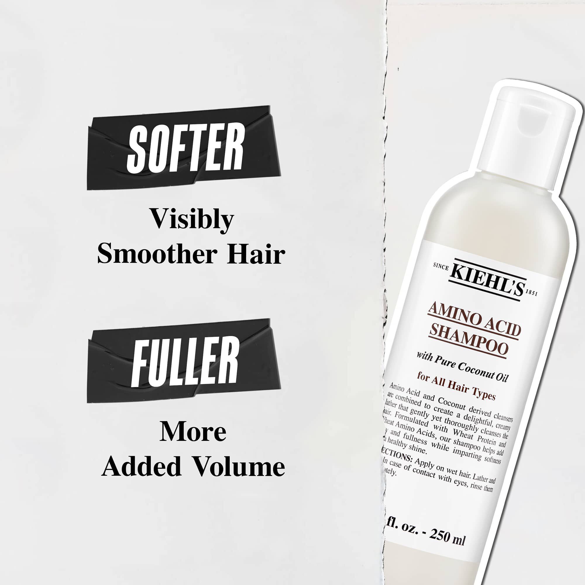 Kiehl's Amino Acid Shampoo-flaske med fordeler: «Mykere, synlig glattere hår» og «Fyldigere hår med mer volum»