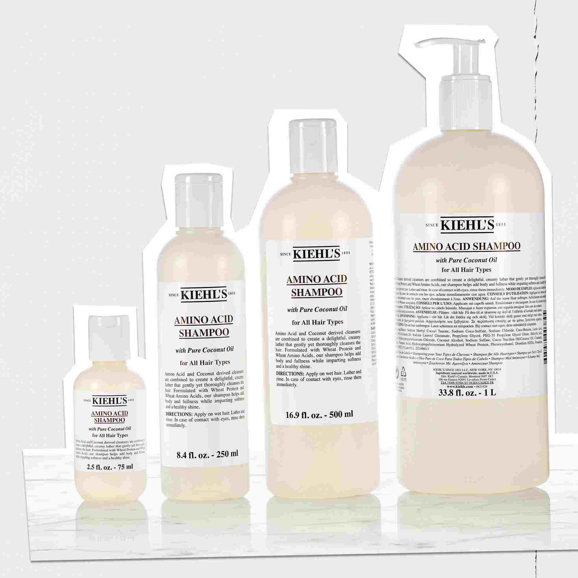 Utvalg av Kiehl's Amino Acid Shampoo-flasker i forskjellige størrelser