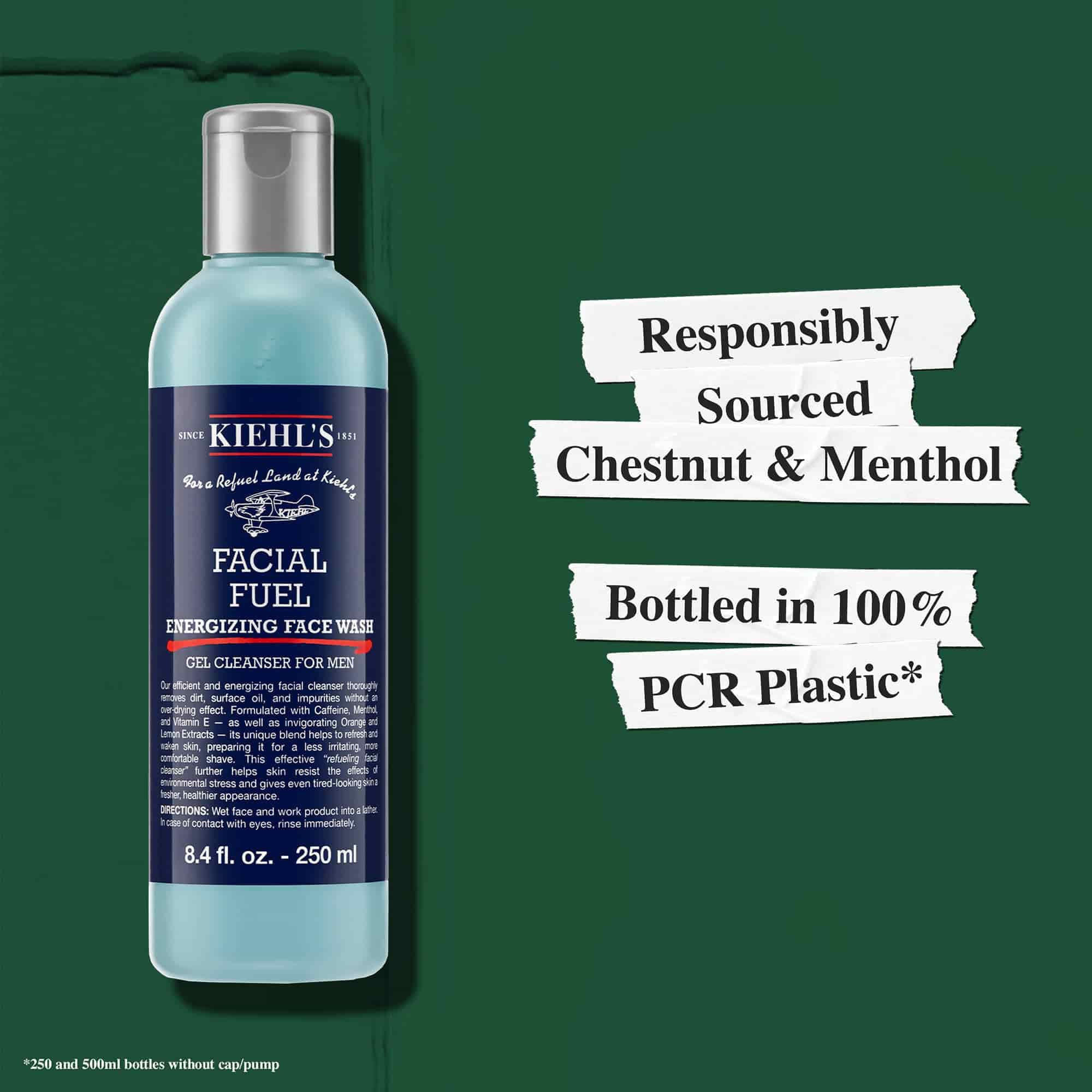 Facial Fuel Energizing Face Wash inneholder baerekraftig utvunnet ingredienser og er flasket i 100 % resirkulert plast (PCR)