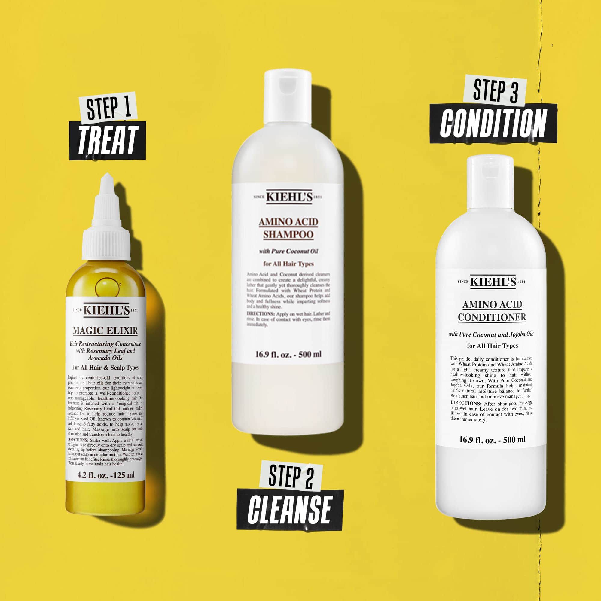 En tre-trinns hårrutine med Kiehl's produkter. Trinn 1: Magic Elixir Hair Oil. Trinn 2: Amino Acid Shampoo. Trinn 3: Amino Acid Conditioner. Teksten merker hvert trinn som henholdsvis "Pleie", "Rens" og "Balsam".