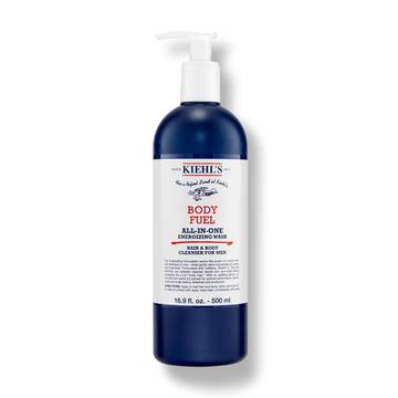 En flaske Kiehl's Body Fuel All-In-One Energizing Wash mot en hvit bakgrunn.