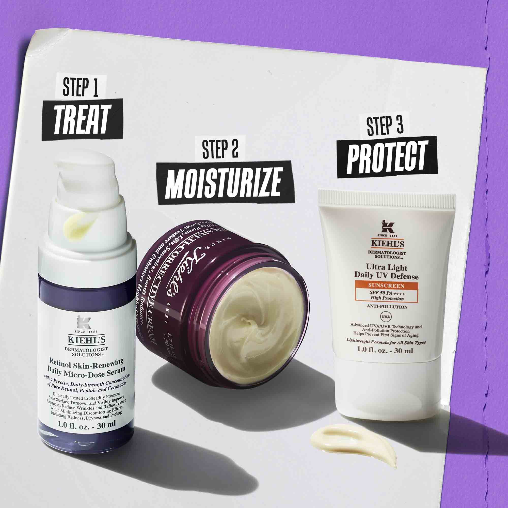 Illustrasjon af rutine med Retinol Skin Renewing Daily Microdose – rens, behandle, behandle øyne, beskytt