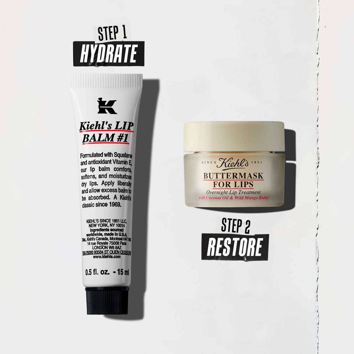 En to-trinns rutine med Lip Balm #1 for fuktighet og Butter Mask for gjenoppbygging.