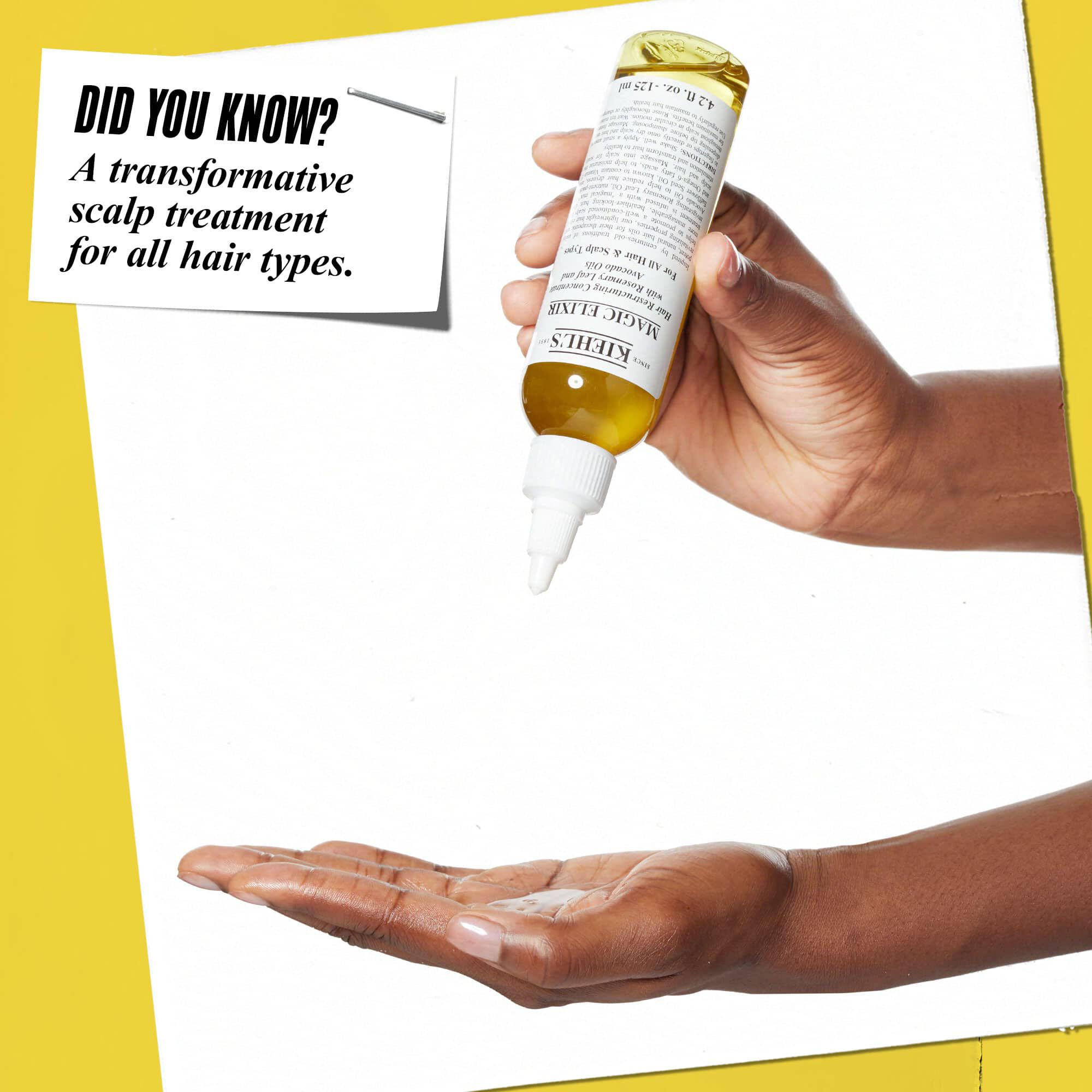 En hånd som doserer Magic Elixir Hair Oil over på en annen hånd. Teksten lyder: "Visste du at? En transformerende hodebunnsbehandling for alle hårtyper."