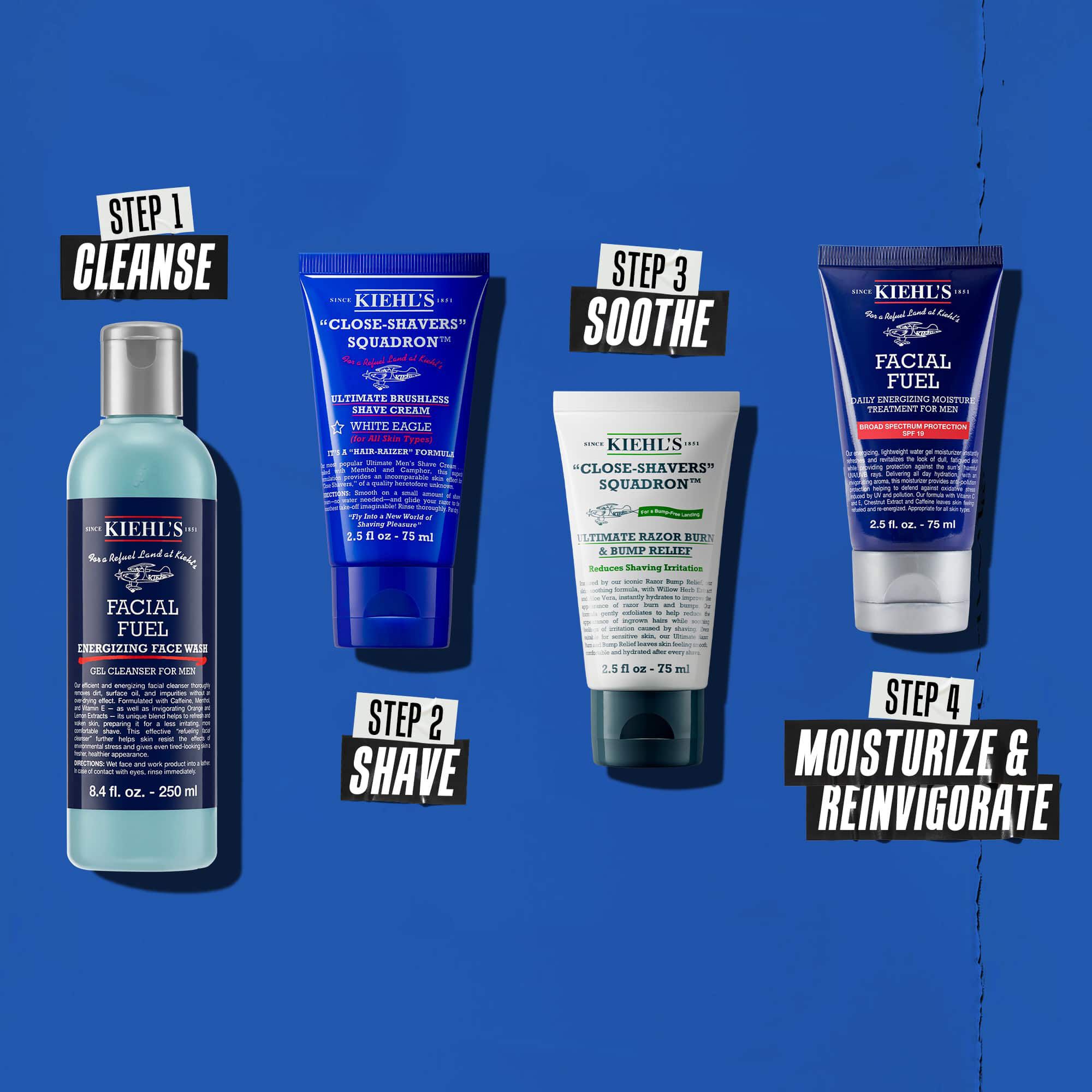 En fire-trinns rutine med Kiehl's produkter. Trinn 1: Facial Fuel Cleanser. Trinn 2: Ultimate Brushless Shave Cream. Trinn 3: Ultimate Razor Bump and Relief. Trinn 4: Facial Fuel Moisturizer.