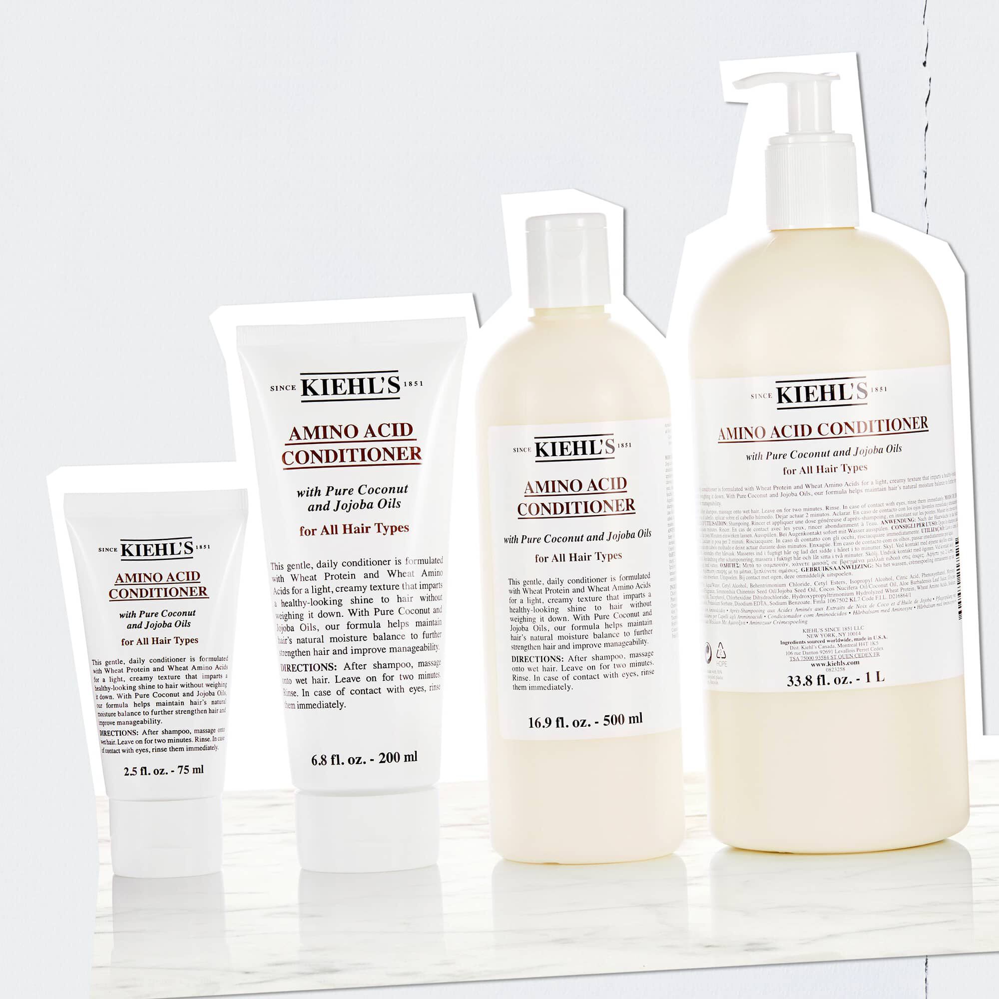 Kiehl's Amino Acid Conditioner-flasker i størrelser fra 2,5 fl. oz. – 75 ml til 33,8 fl. oz. – 1 L