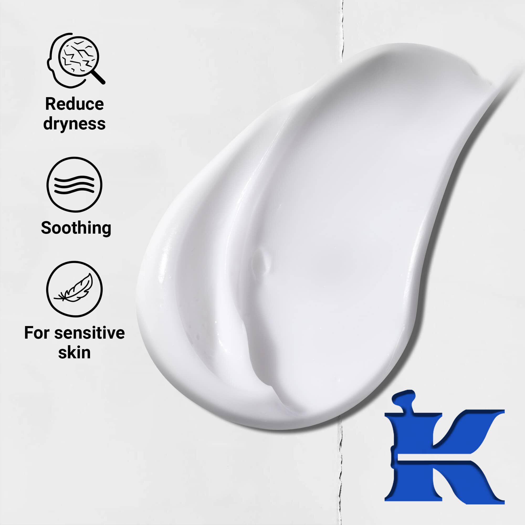 Bilde av tekstur med ikoner: reduserer tørrhet, virker beroligende og passer for sensitiv hud